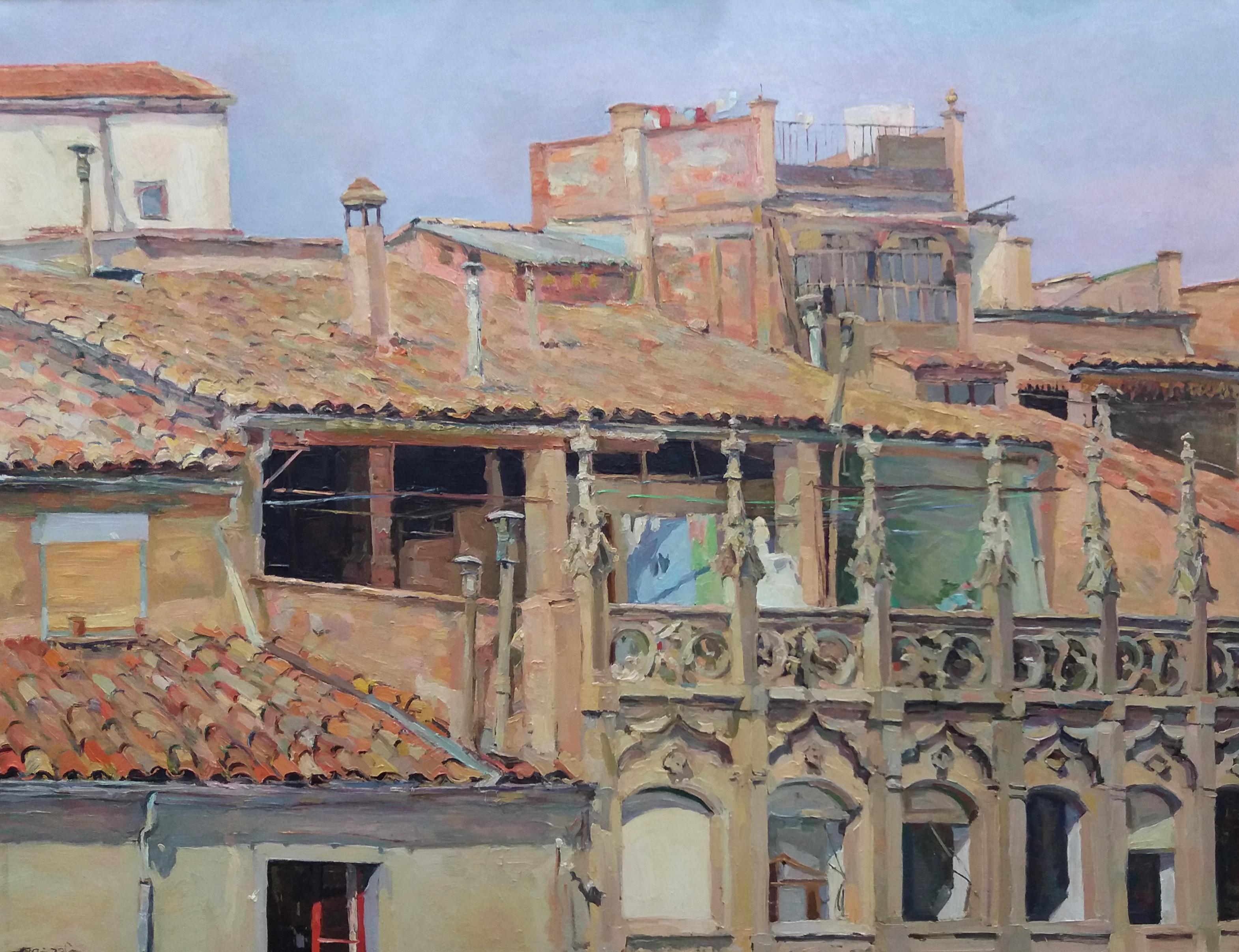 Sola  Puig  Rooftops  Ocher   Big  original impressionist - Painting by Joan SOLA PUIG