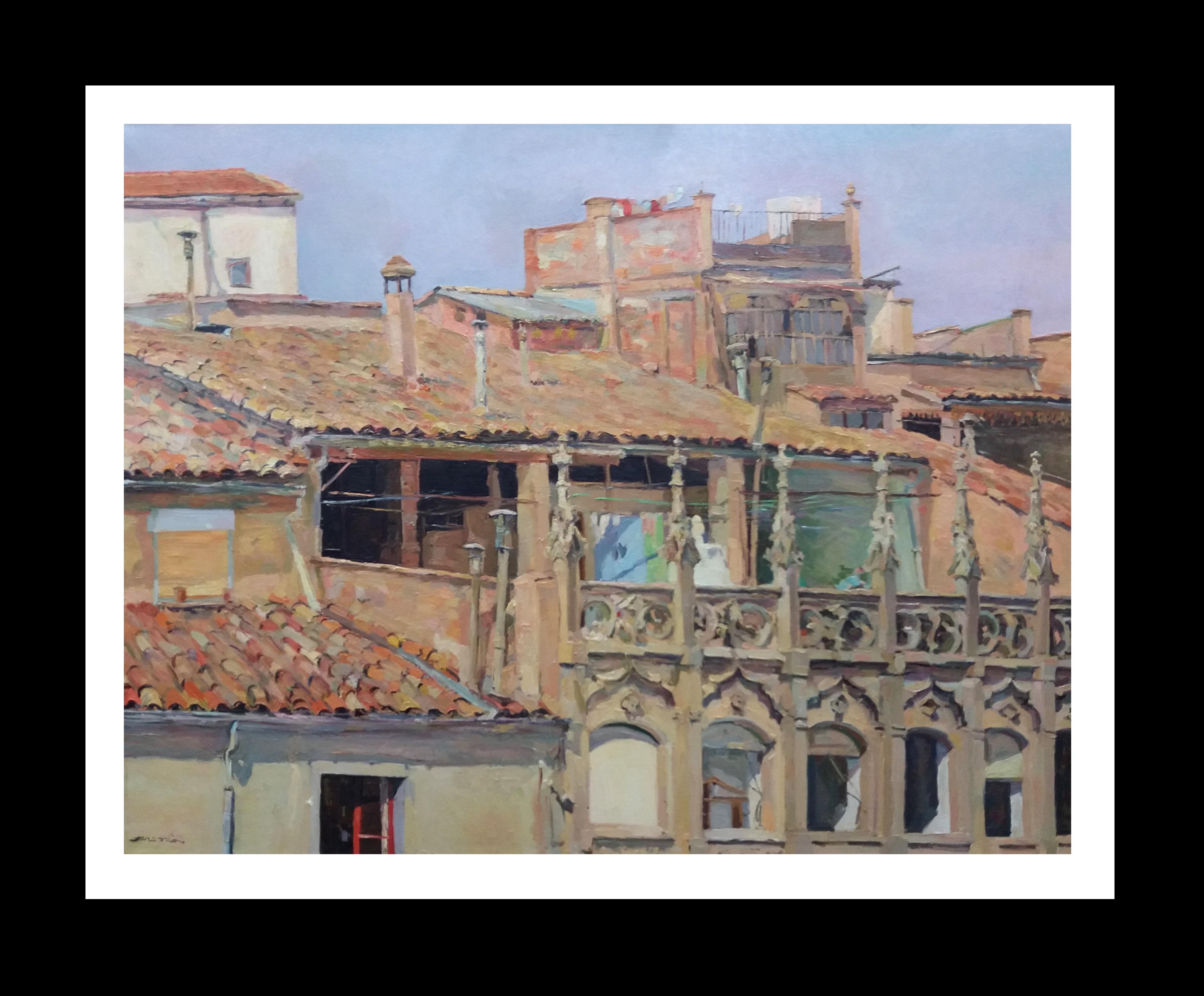 Joan SOLA PUIG Landscape Painting - Sola  Puig  Rooftops  Ocher   Big  original impressionist