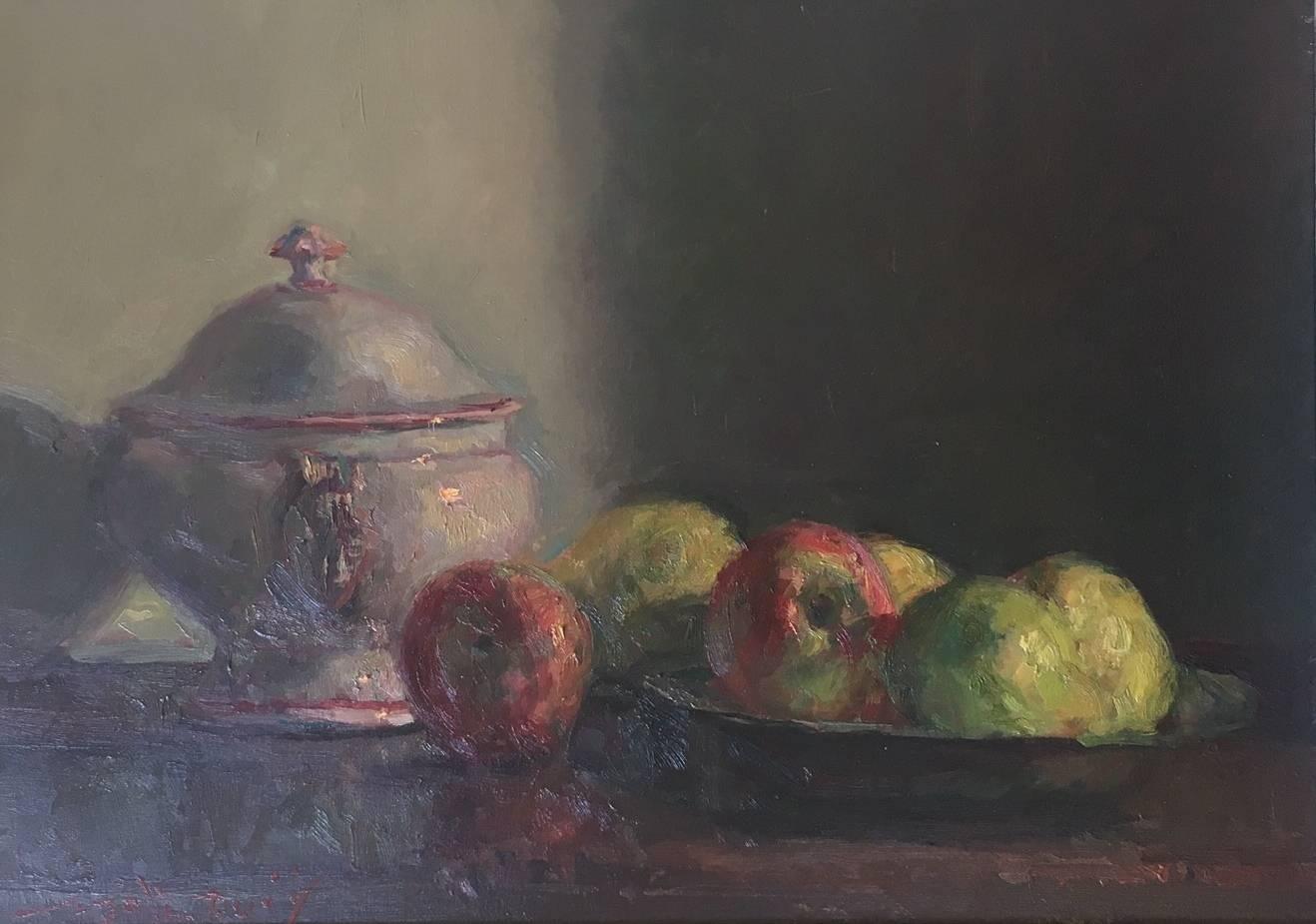 SOLA PUIG  Bodegón Sopera Manzana  impresionista original  pintura sobre lienzo - Painting de Joan SOLA PUIG