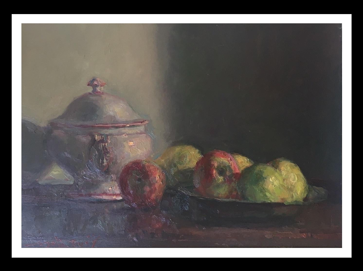 Still-Life Painting de Joan SOLA PUIG - SOLA PUIG  Bodegón Sopera Manzana  impresionista original  pintura sobre lienzo