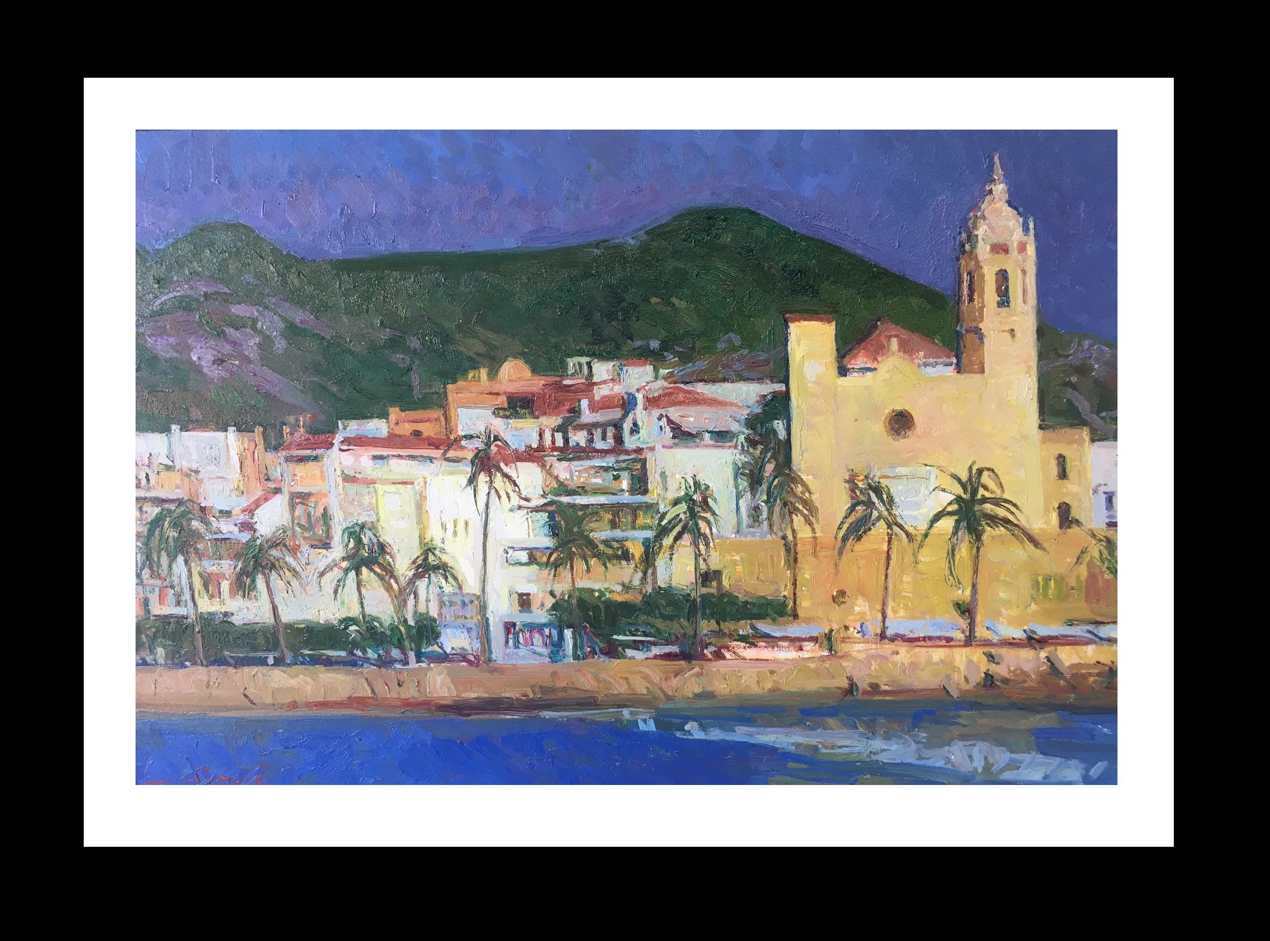 Sola Puig   Town Coast  Sitges original impressionist canvas oil painting - Painting by Joan SOLA PUIG