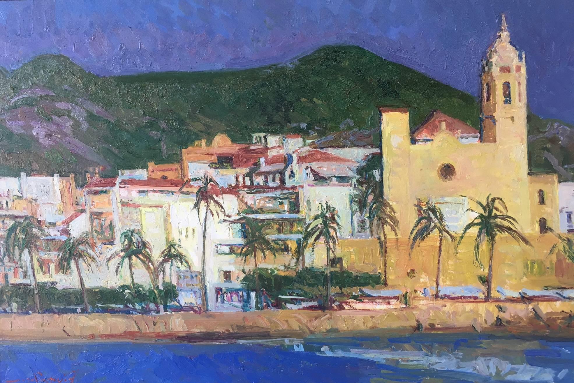 Sola Puig   Town Coast  Sitges original impressionist canvas oil painting - Impressionist Painting by Joan SOLA PUIG