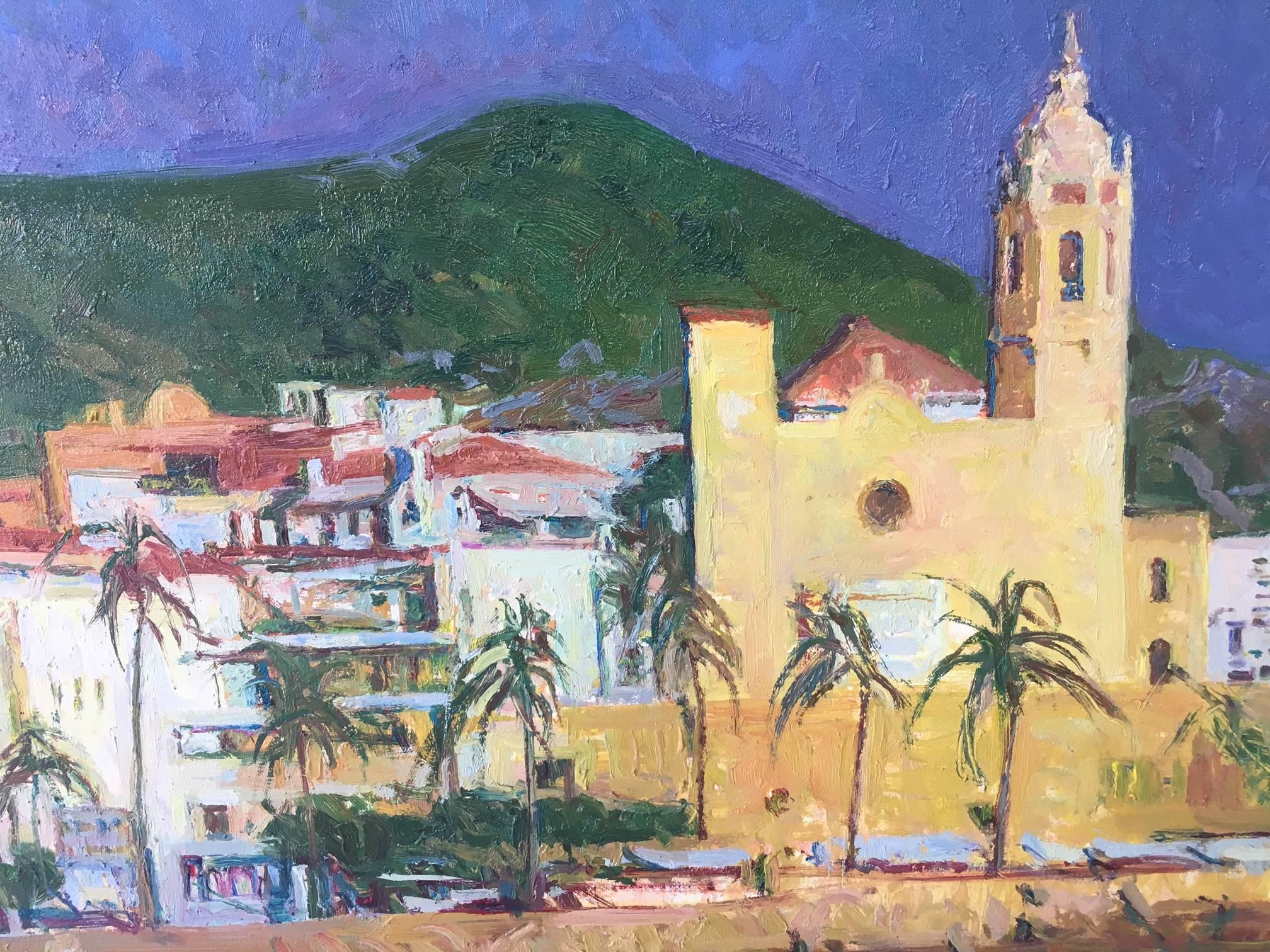 Sola Puig  Costa della città  Pittura ad olio su tela impressionista originale di Sitges - Landscape Painting Nero di Joan SOLA PUIG