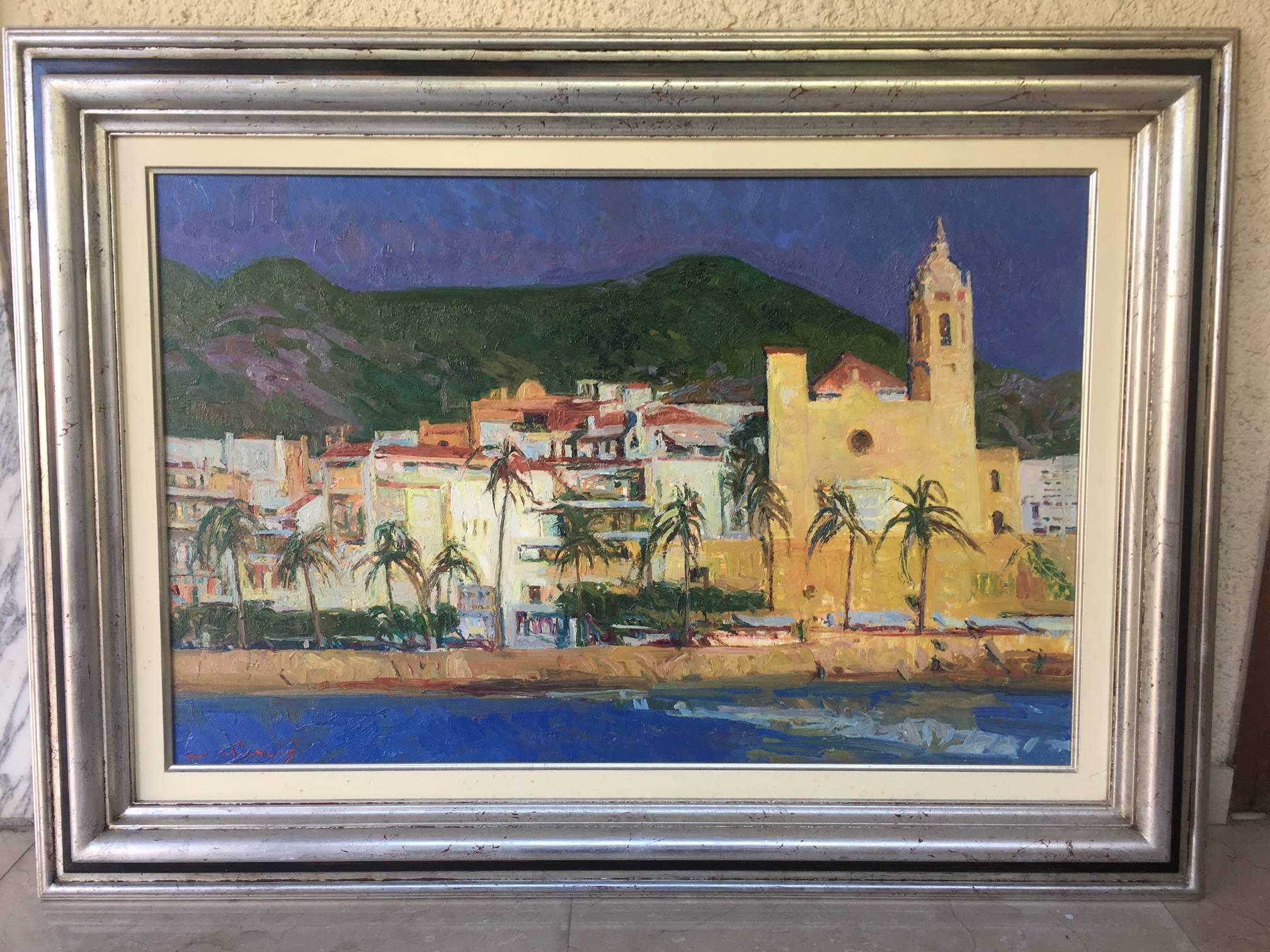 Joan SOLA PUIG Landscape Painting - Sola Puig   Town Coast  Sitges original impressionist canvas oil painting