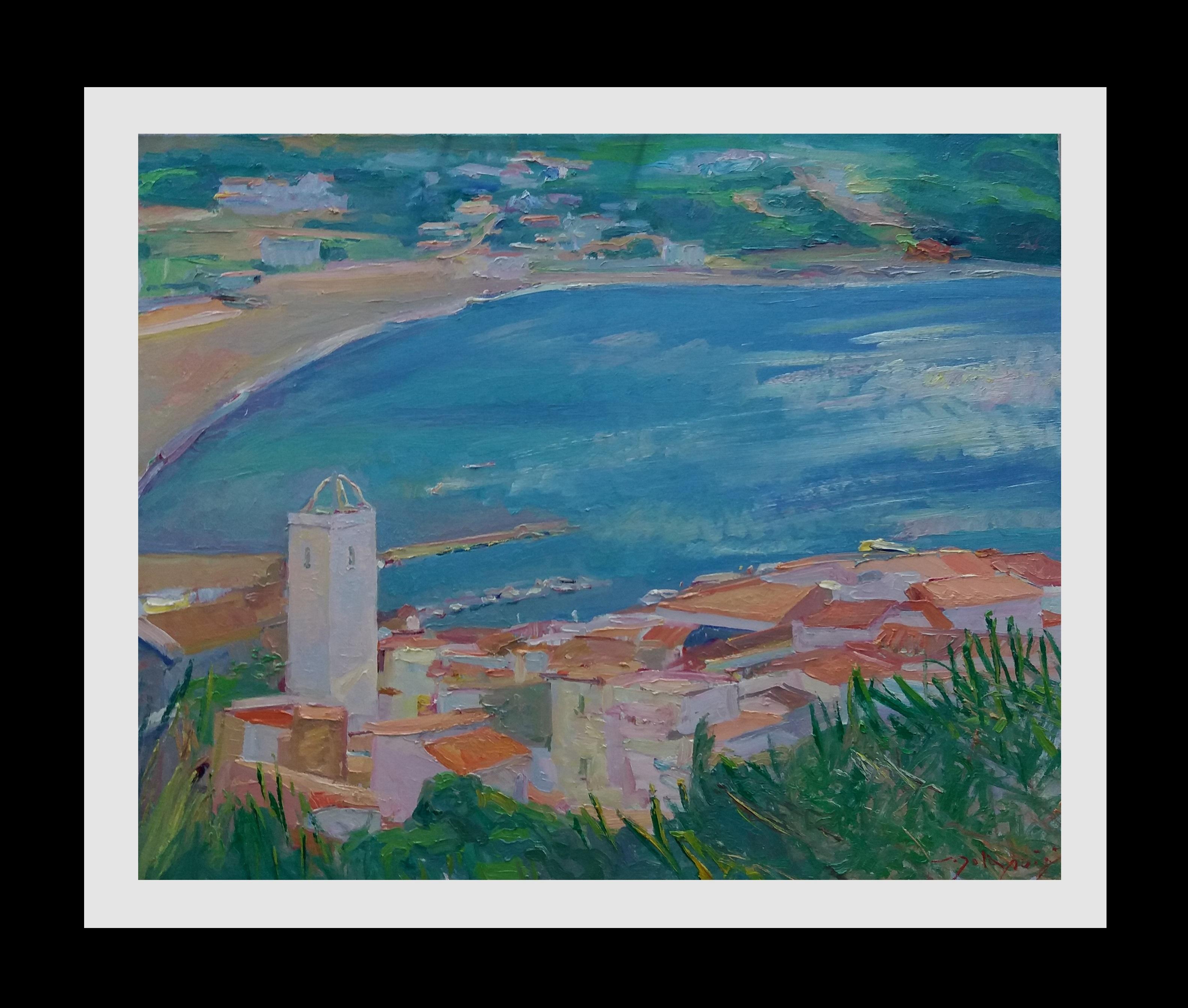 Joan SOLA PUIG Landscape Painting – Sola puig Town on the Coast   Bay  Beach original impressionist