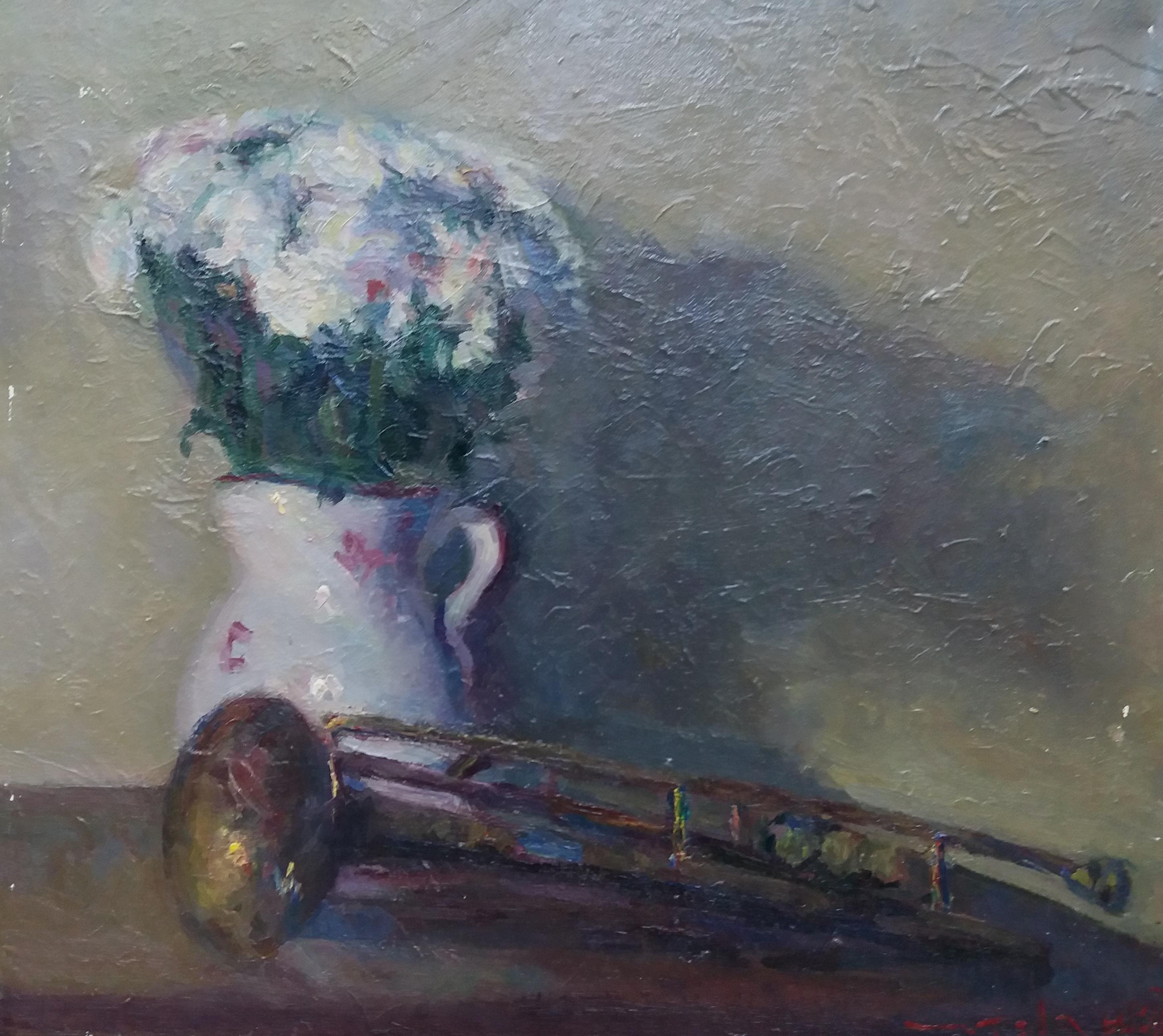 Sola Puig Trumpet and Daisies, peinture acrylique impressionniste originale - Painting de Joan SOLA PUIG