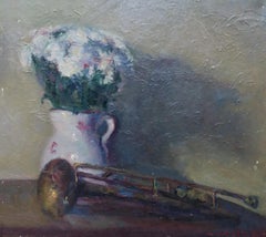 Sola Puig Trompeta y margaritas pintura acrílica impresionista original