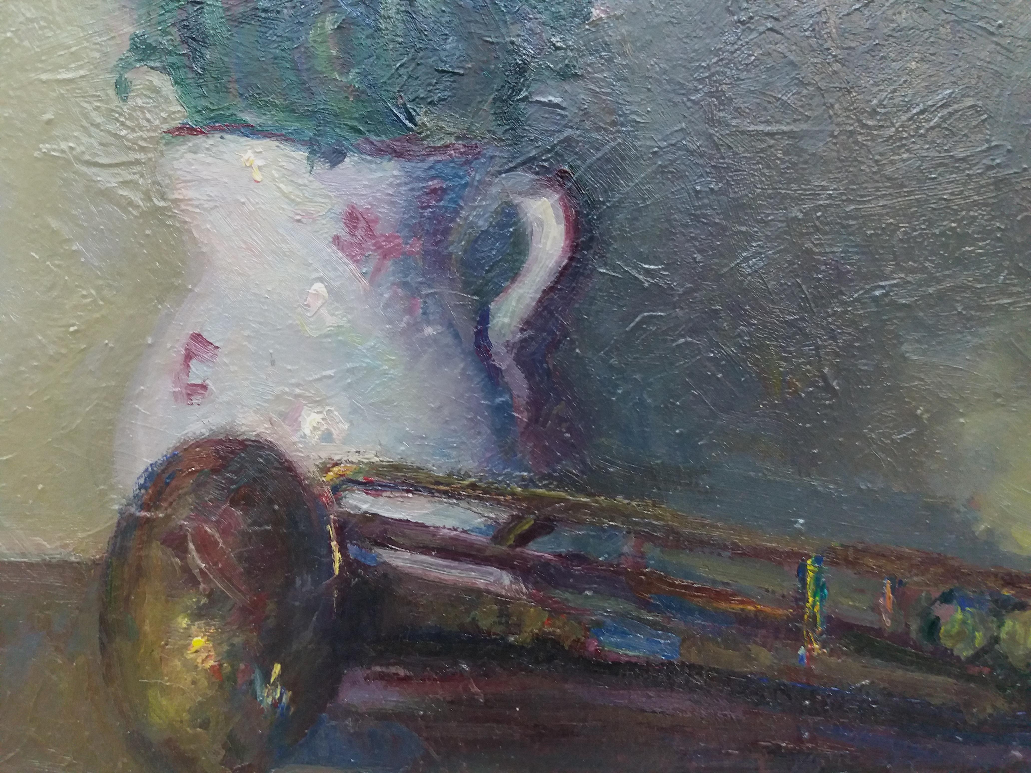 Sola Puig Trumpet and Daisies Original impressionistisches Acrylgemälde, Sola Puig (Schwarz), Still-Life Painting, von Joan SOLA PUIG