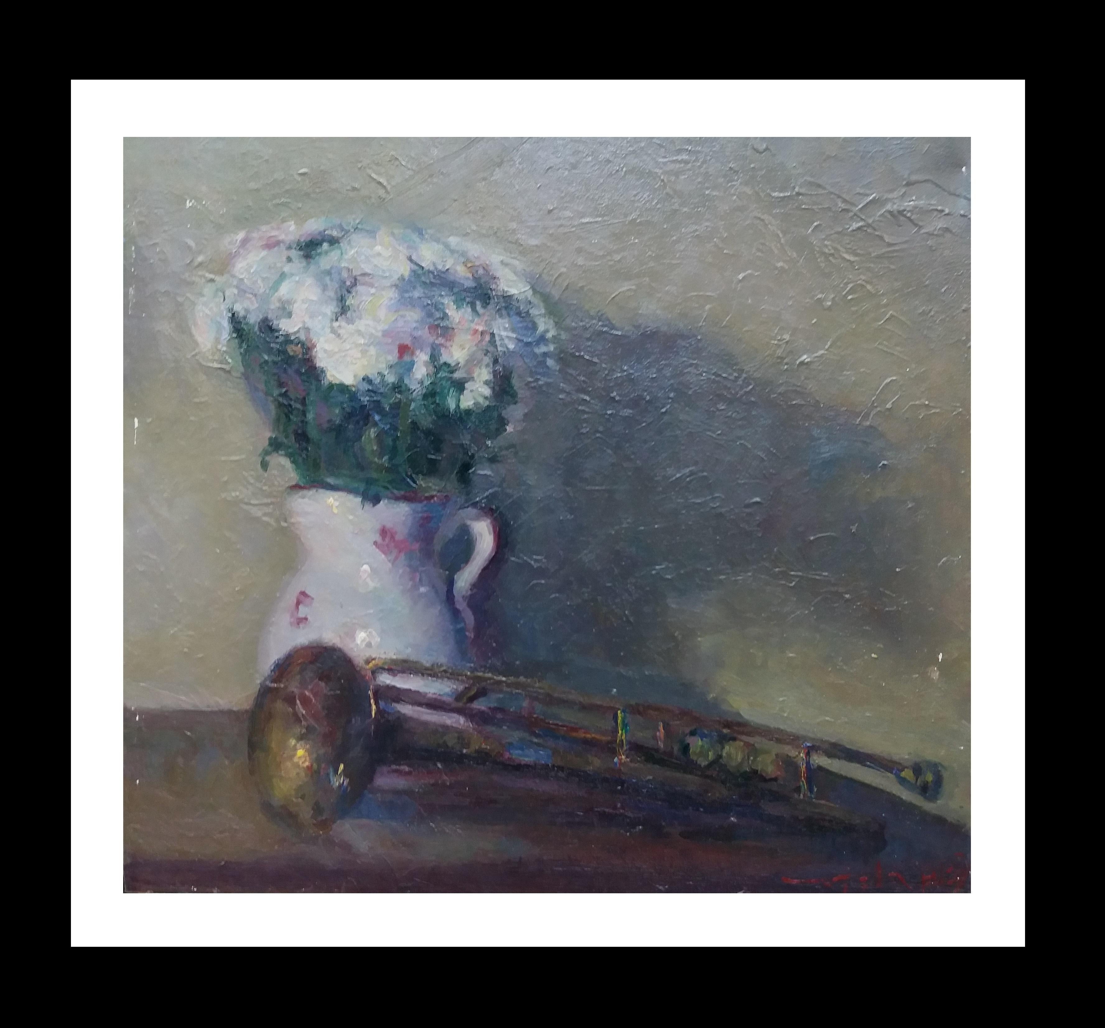 Still-Life Painting Joan SOLA PUIG - Sola Puig Trumpet and Daisies, peinture acrylique impressionniste originale