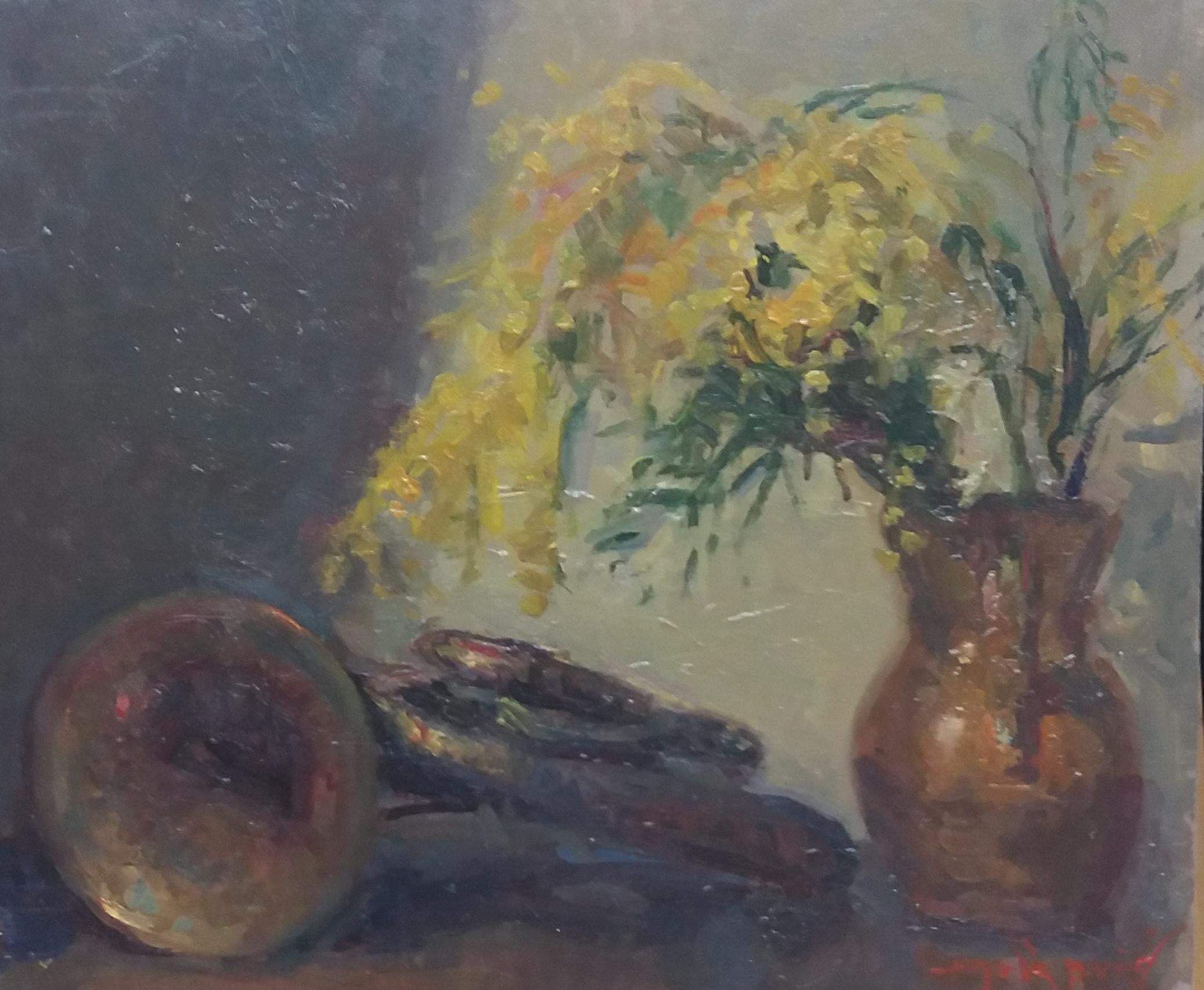 Sola Puig   TRUMPET AND MIMOSA original impressionist acrylic painting - Painting by Joan SOLA PUIG