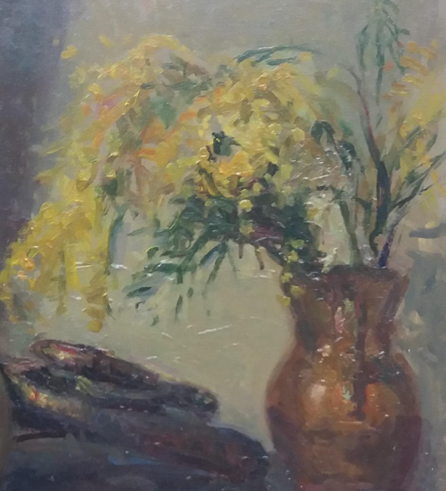 Sola Puig   TRUMPET AND MIMOSA original impressionist acrylic painting - Impressionist Painting by Joan SOLA PUIG