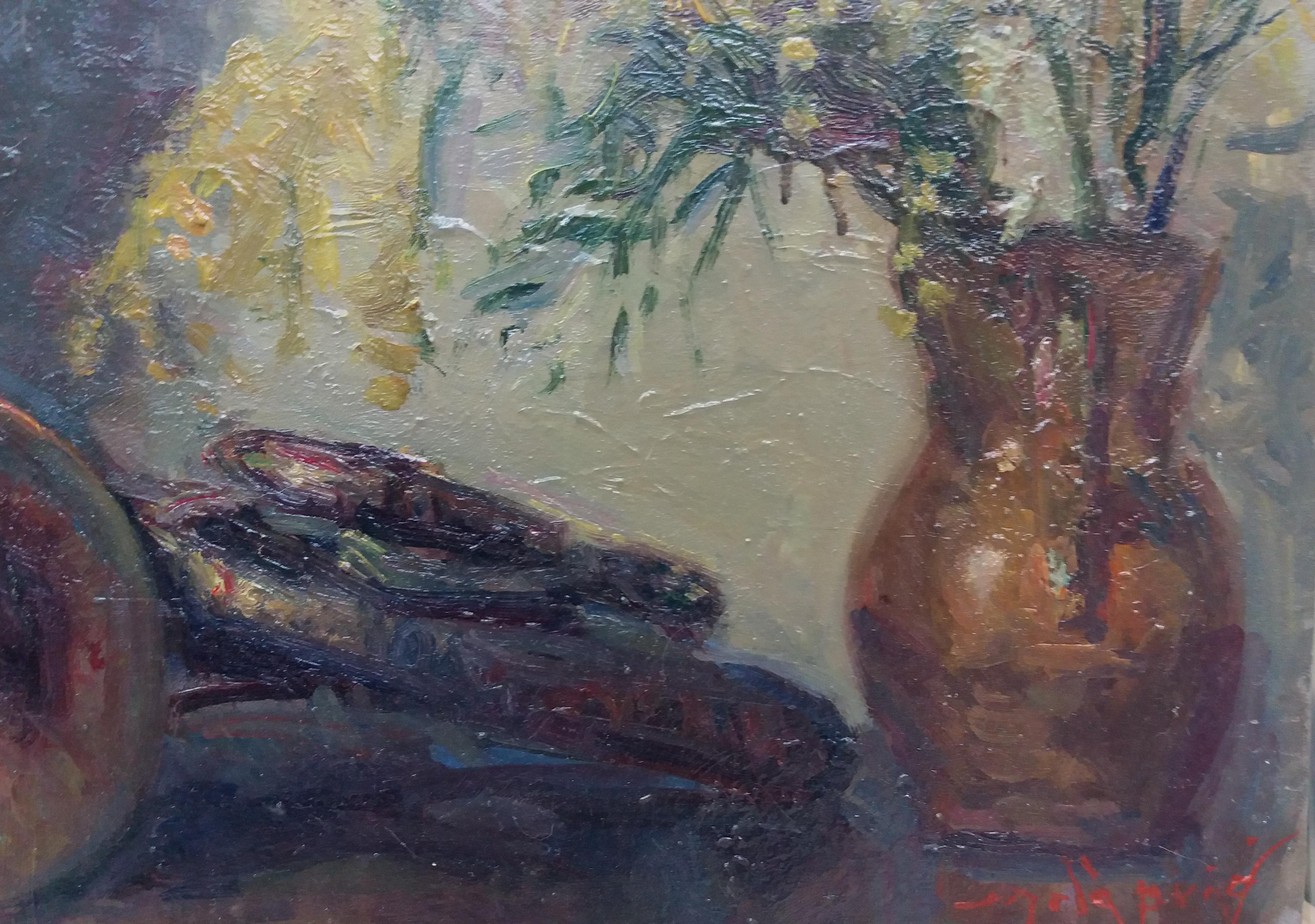 Sola Puig   TRUMPET AND MIMOSA original impressionist acrylic painting - Black Still-Life Painting by Joan SOLA PUIG