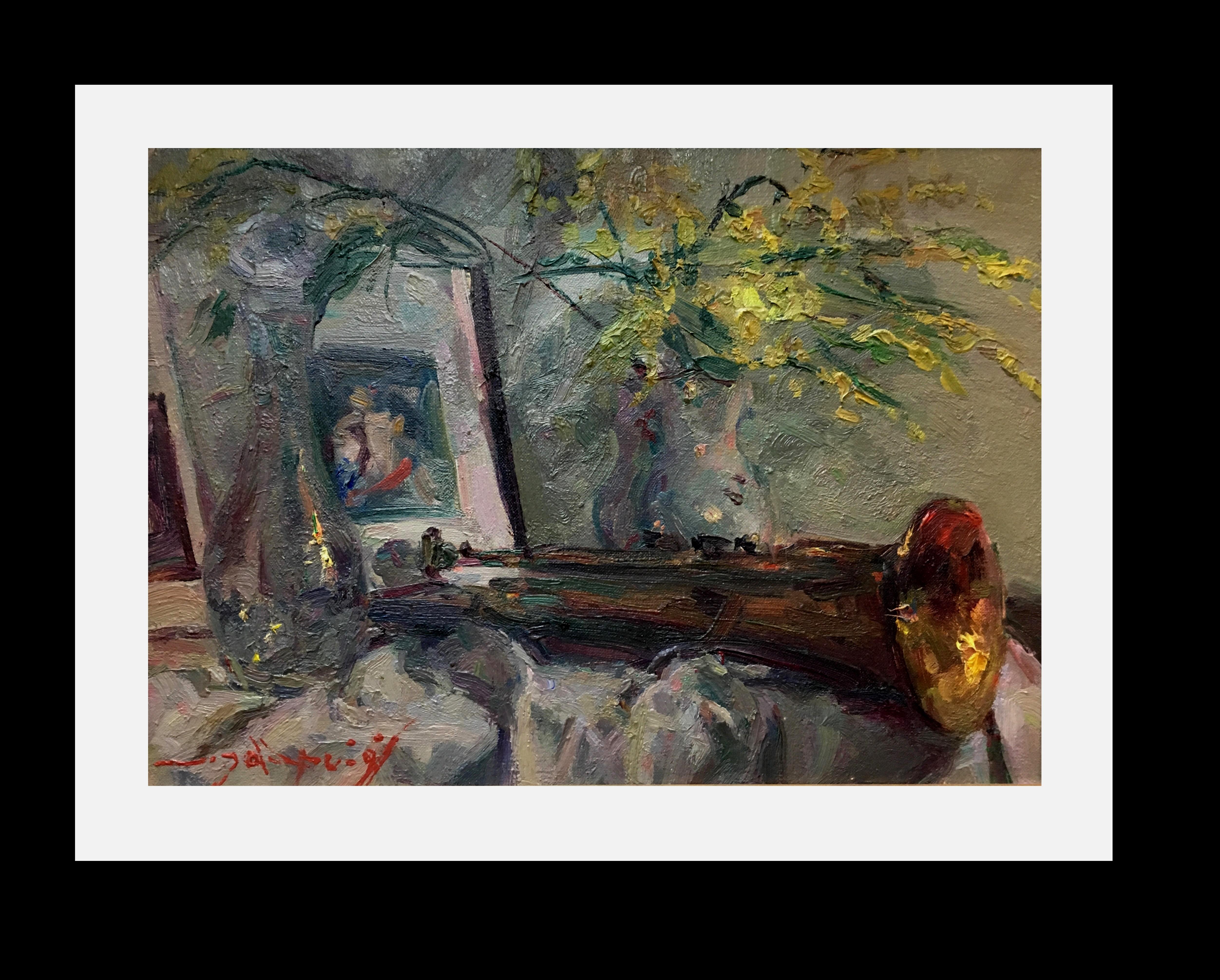 Joan SOLA PUIG Still-Life Painting - Sola Puig   Trumpet  Mimosas and Book Original impressionist