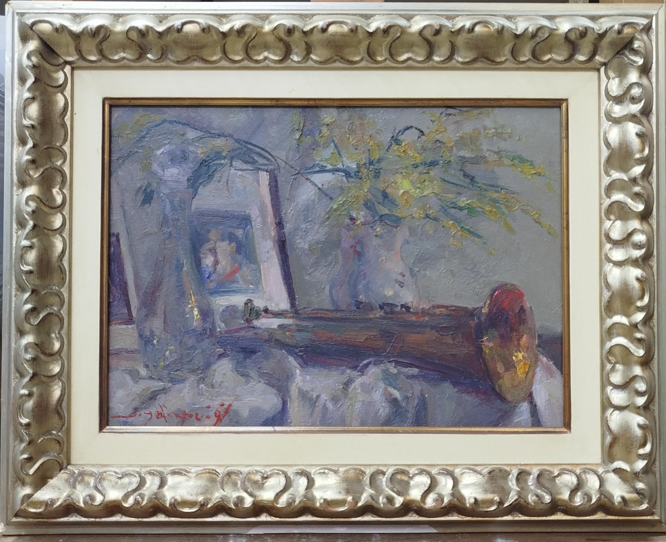 Joan SOLA PUIG Still-Life Painting - Sola Puig Trumpet Mimosas and Book Original impressionist