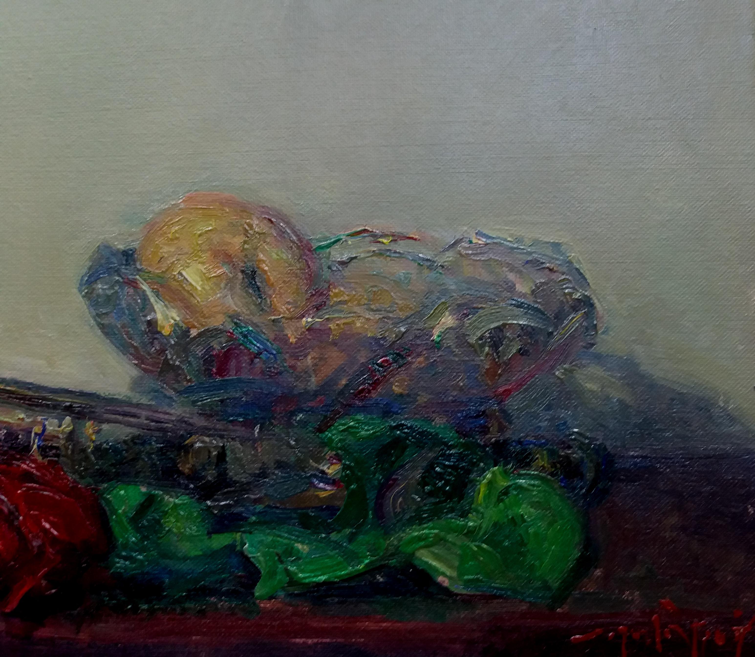 Sola puig. trumpet. still life. fruit and rose. colors original impressionist 
SOLÁ paints in a natural way, which reflects the Old Masters, soaking up the colour, air, smell and the pure scent of his environment. He delivers to his canvas the