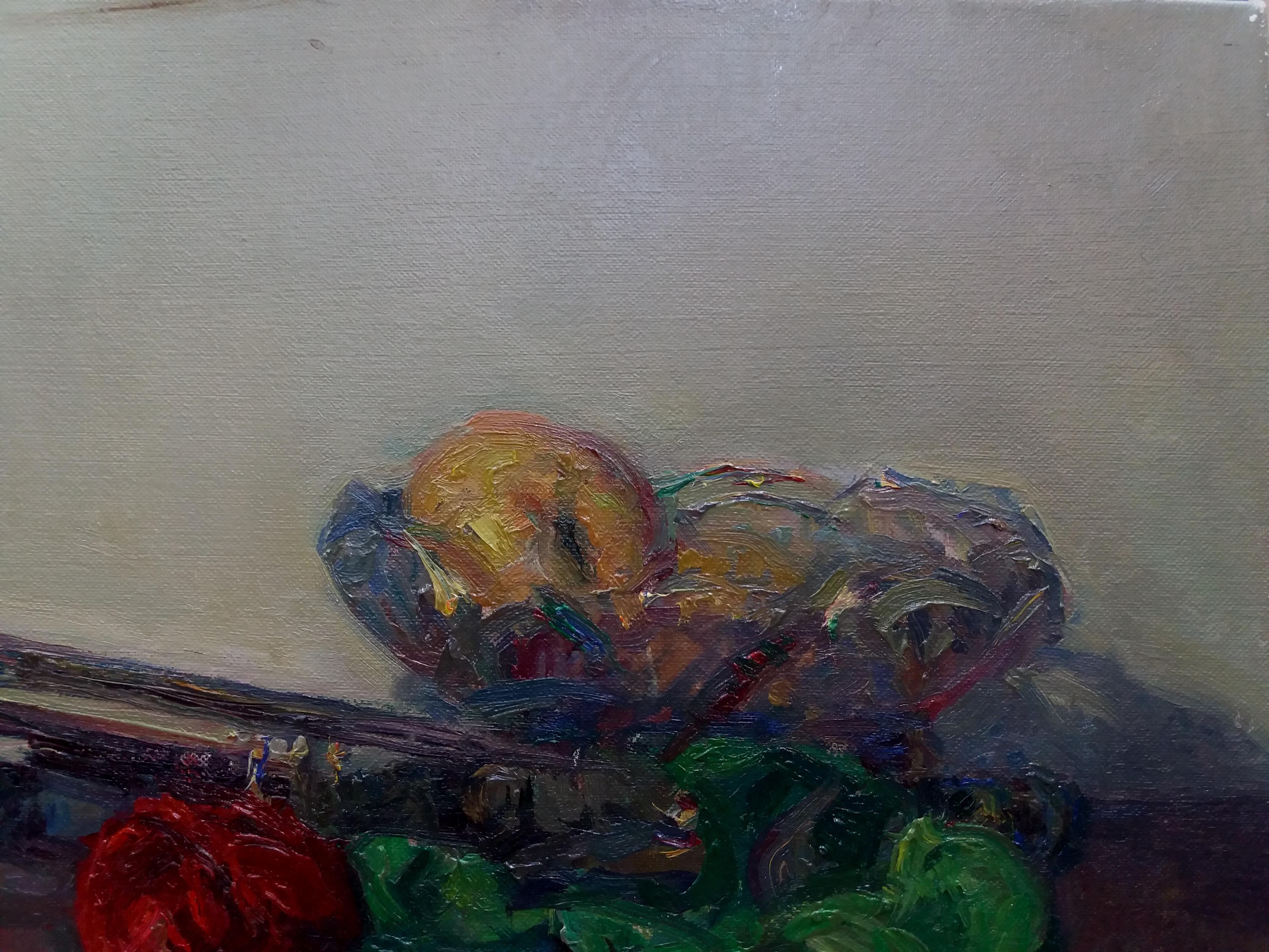 Sola Puig. Trompete. Stillleben. Früchte und Rosen. Original-Impressionismus 
SOLÁ malt auf eine natürliche Art und Weise, die die alten Meister widerspiegelt, indem er die Farben, die Luft, den Geruch und den reinen Duft seiner Umgebung in sich