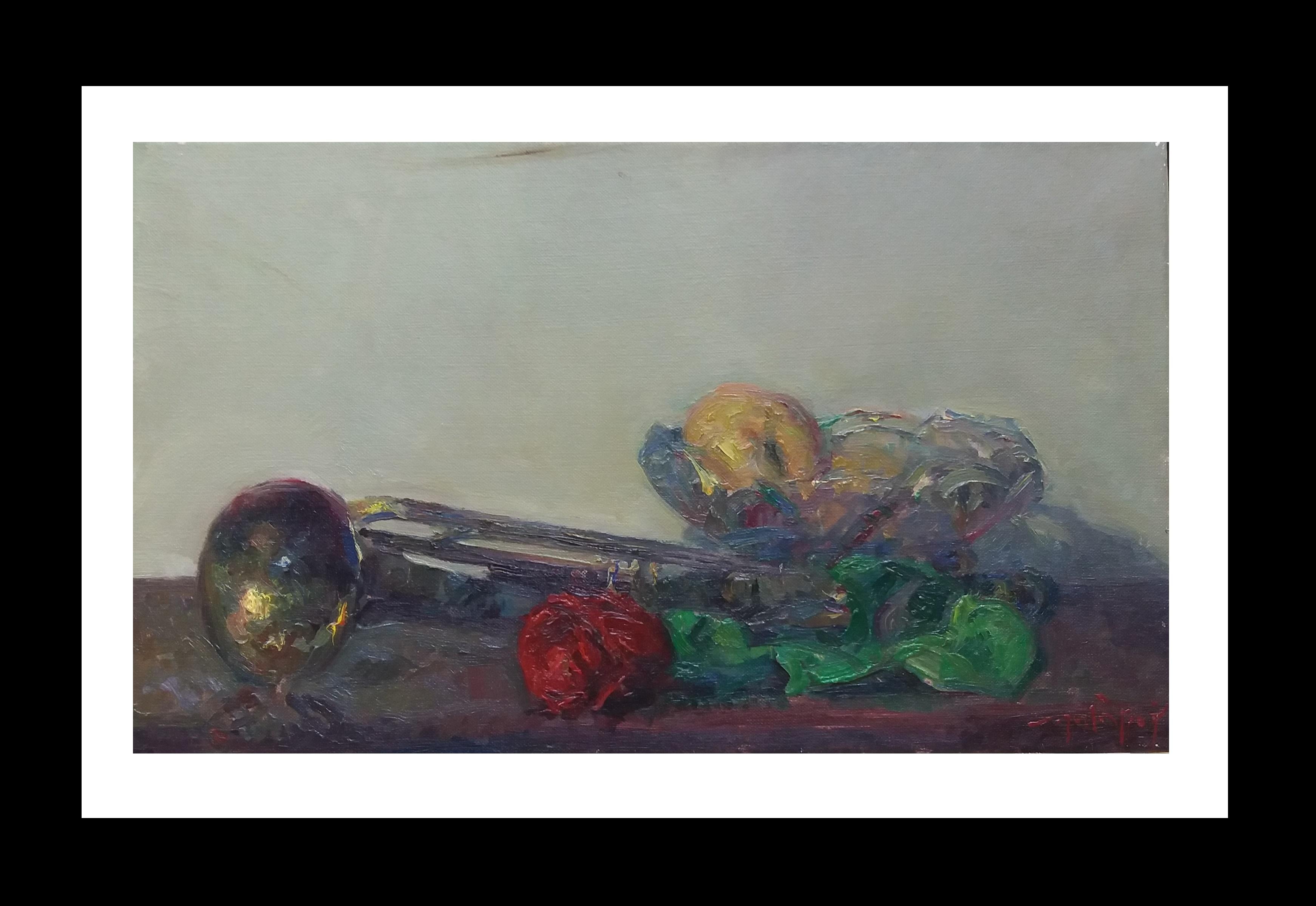 Joan SOLA PUIG Still-Life Painting - Sola Puig  Trumpet  Still-life  Fruit and Rose  colors original impressionist 