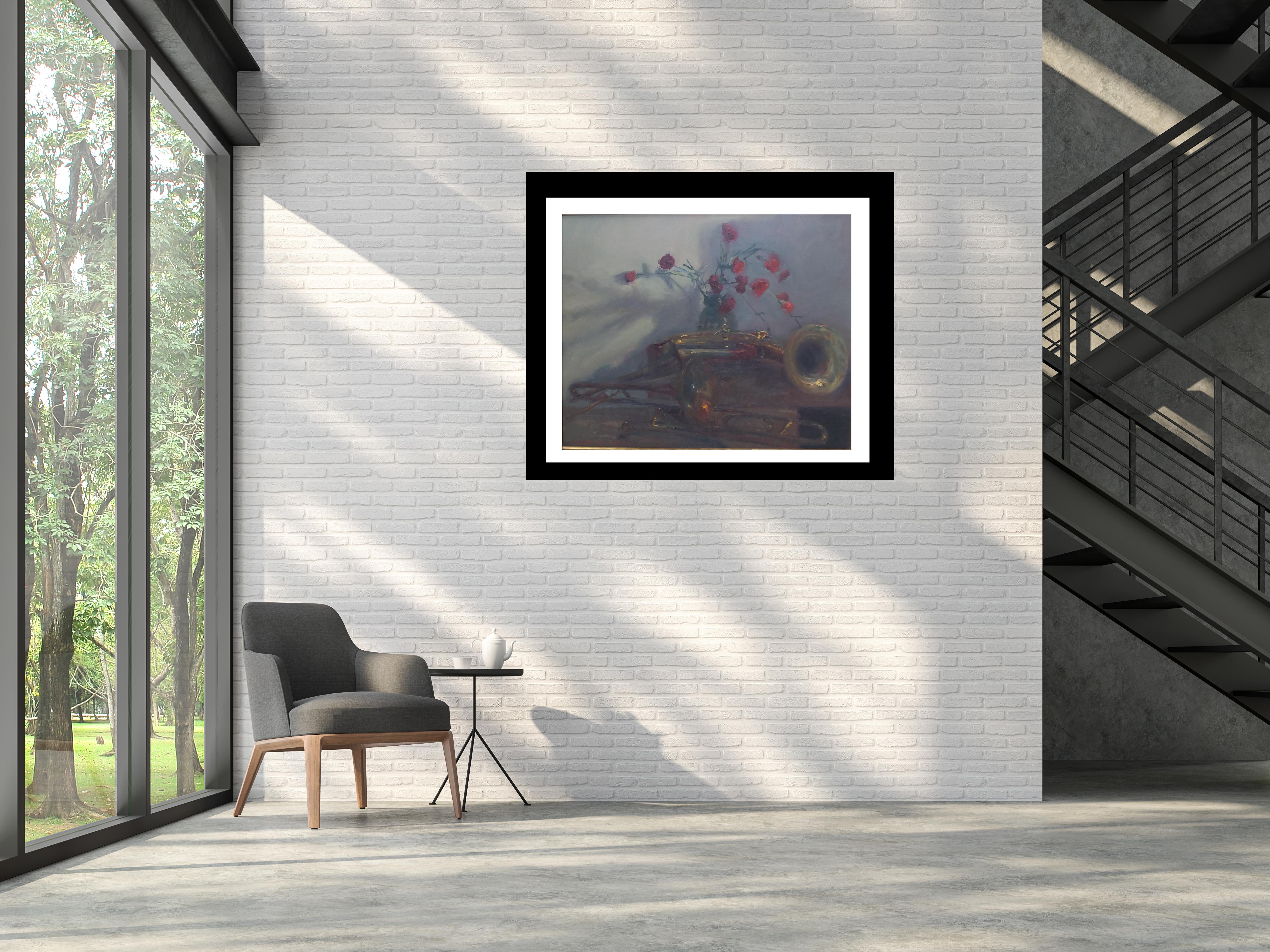 Sola Puig  Trompetas y claveles pintura acrílica impresionista original en venta 3