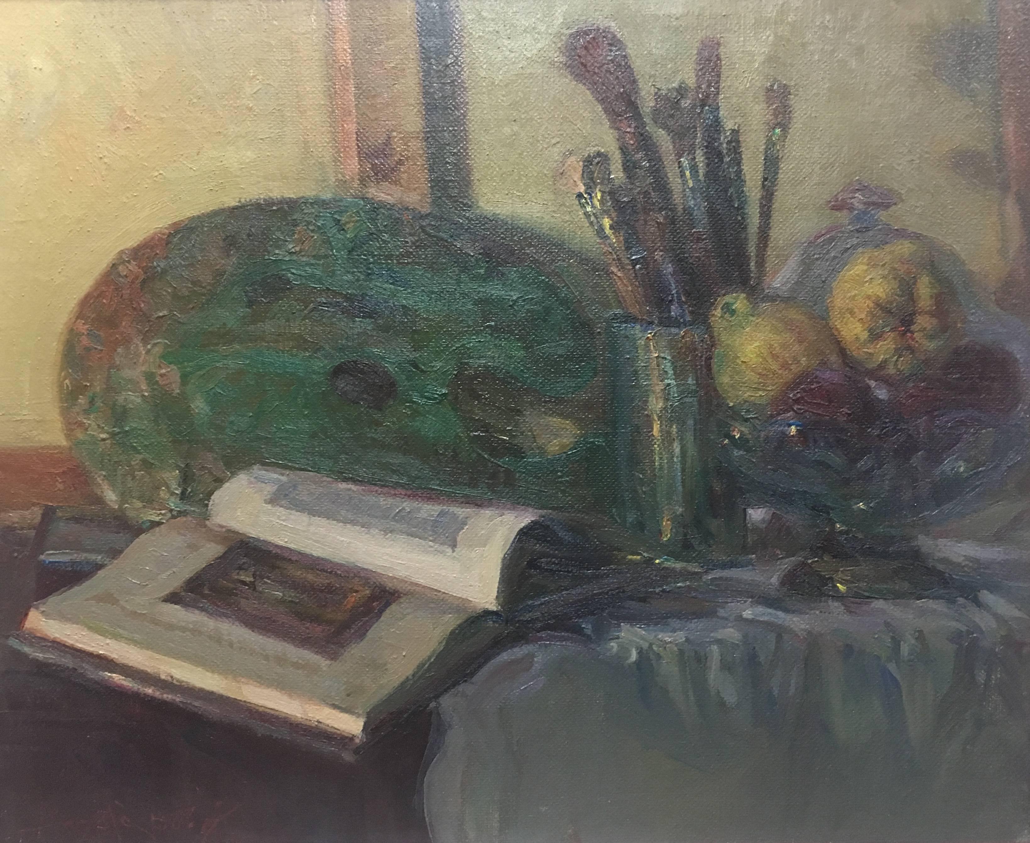 still life. book, brushes and fruit Original impressionist oil canvas painting - Painting by Joan SOLA PUIG