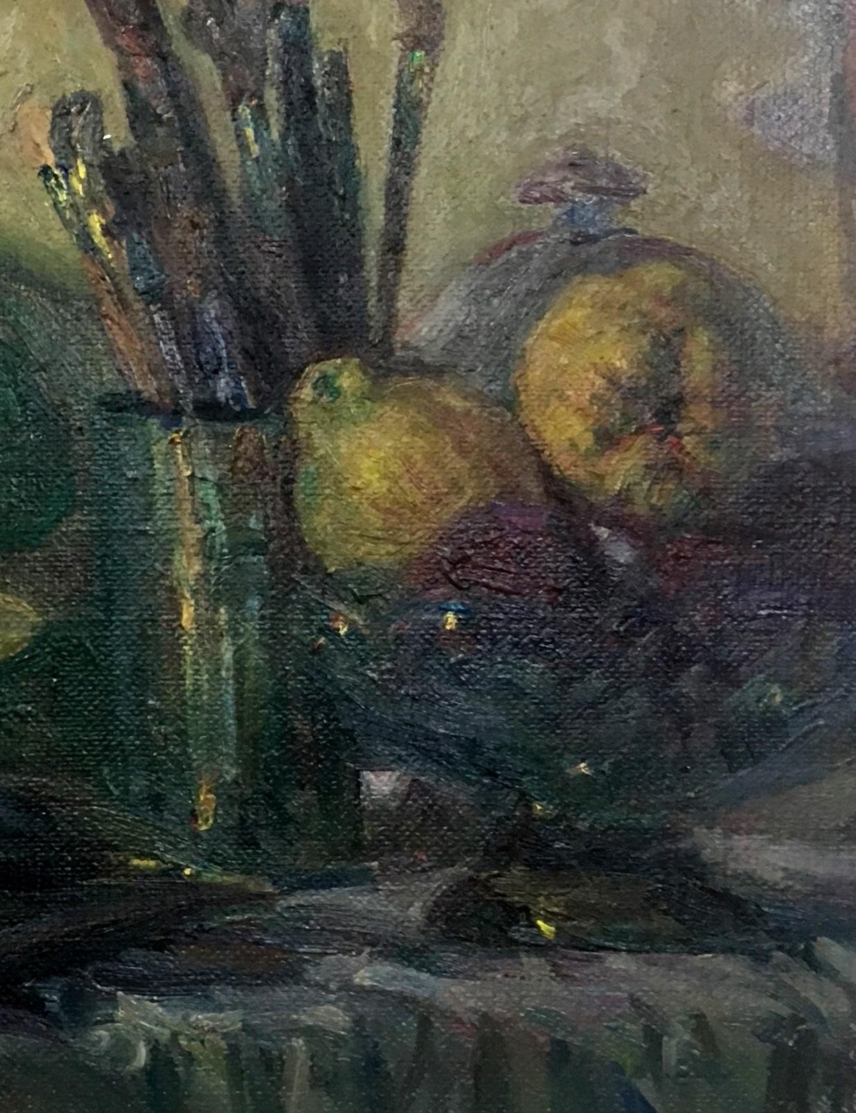 still life. book, brushes and fruit Original impressionist oil canvas painting - Impressionist Painting by Joan SOLA PUIG