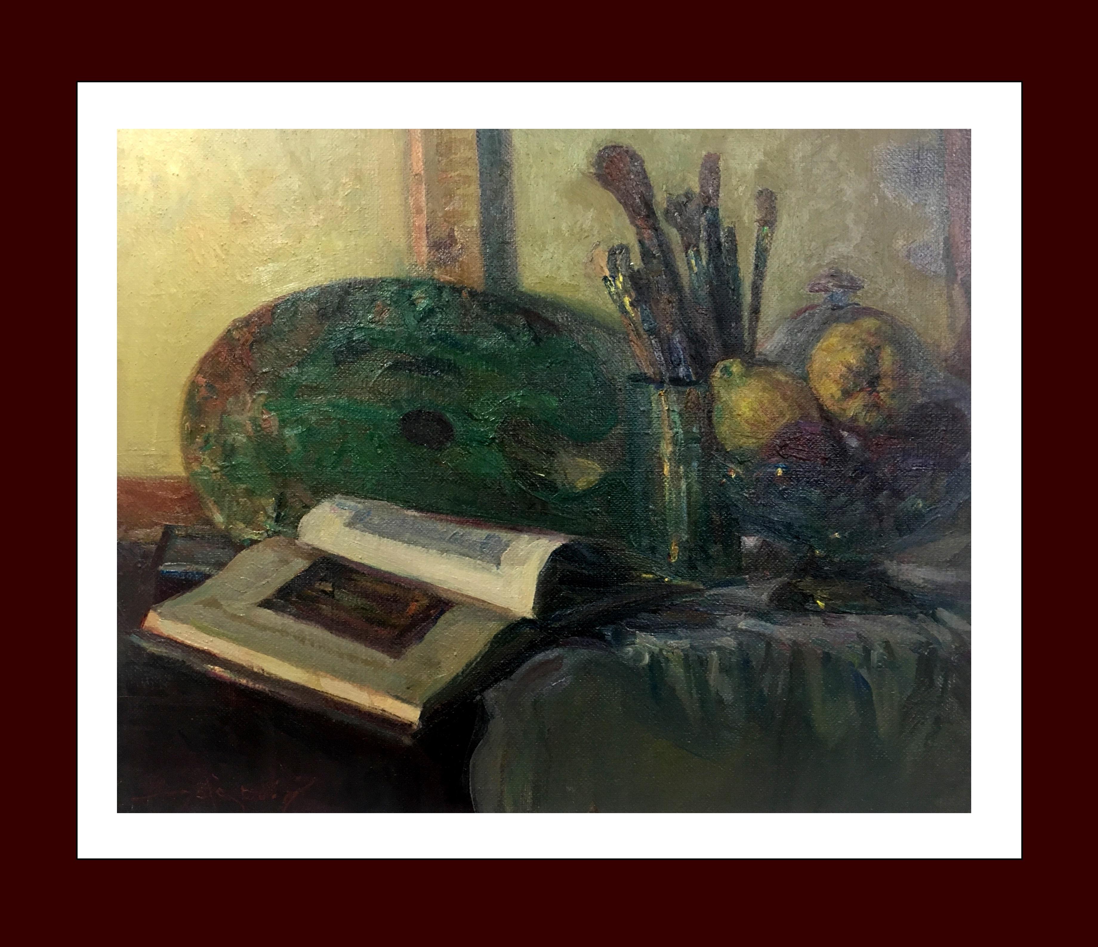 Joan SOLA PUIG Figurative Painting - still life. book, brushes and fruit Original impressionist oil canvas painting