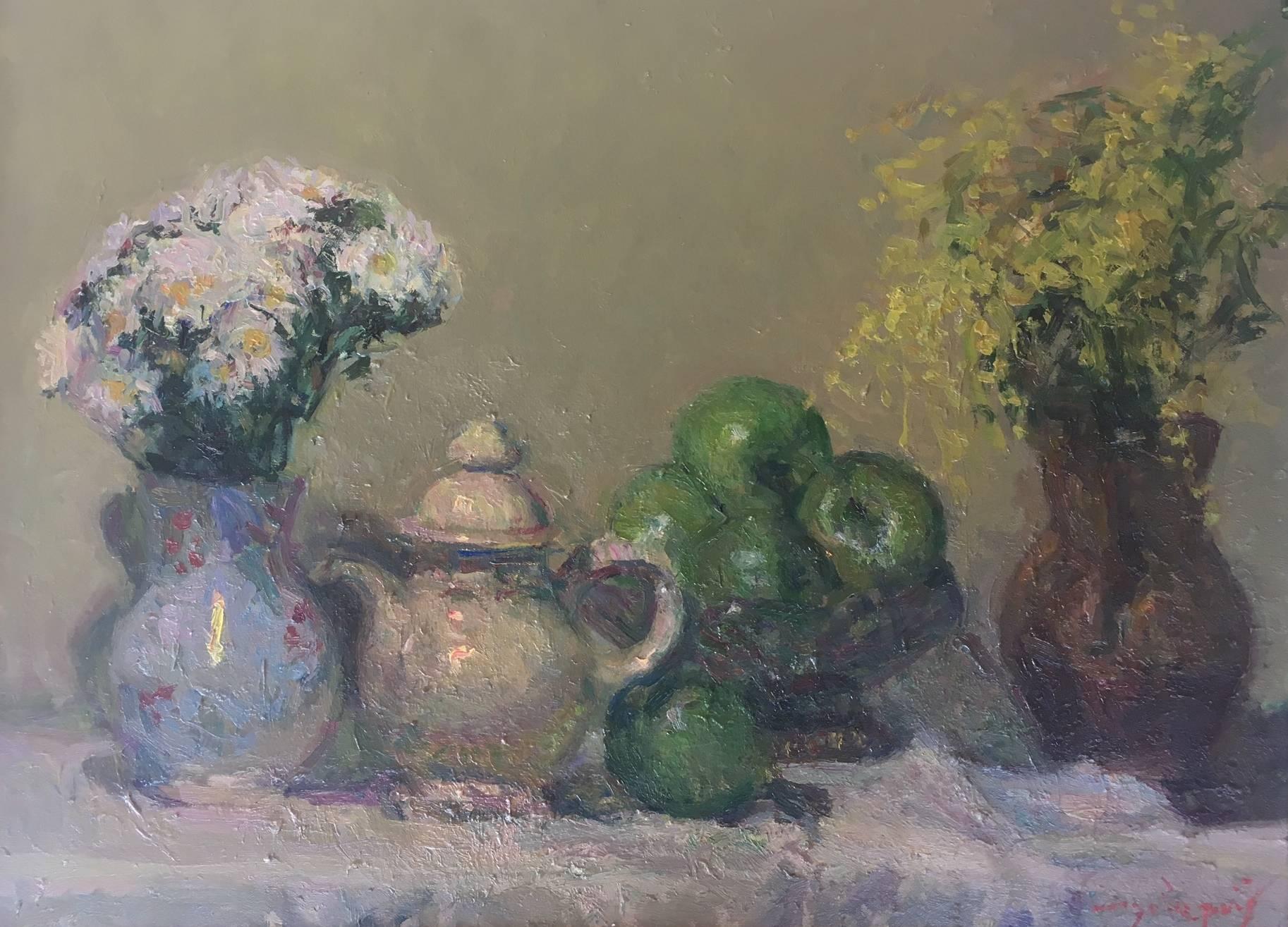 Still life green apples original impressionist oil canvas painting - Painting by Joan SOLA PUIG