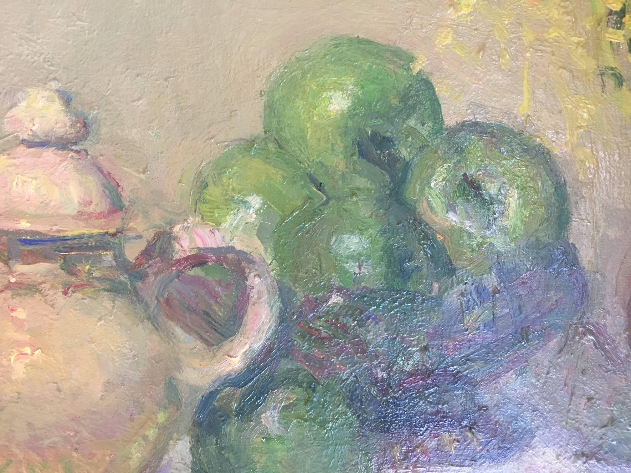 Still life green apples original impressionist oil canvas painting.
Sola PUIG, Joan    (Barcelona 1950 )

Joan SOLÁ paints in a natural way, which reflects the Old Masters, soaking up the colour, air, smell and the pure scent of his environment. He
