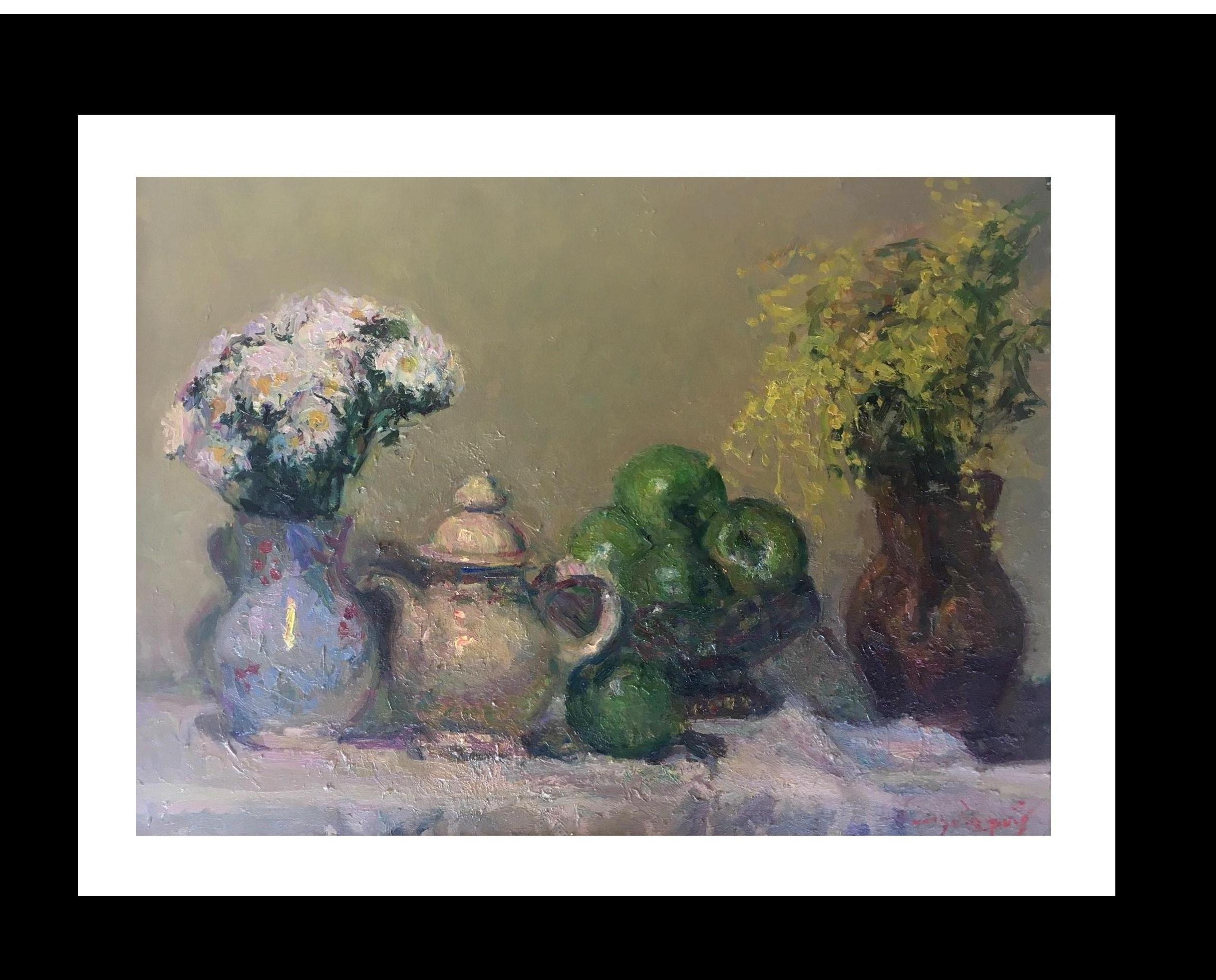 Joan SOLA PUIG Still-Life Painting - Still life green apples original impressionist oil canvas painting