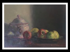 Still life tureen apple- original impressionist oil canvas painting