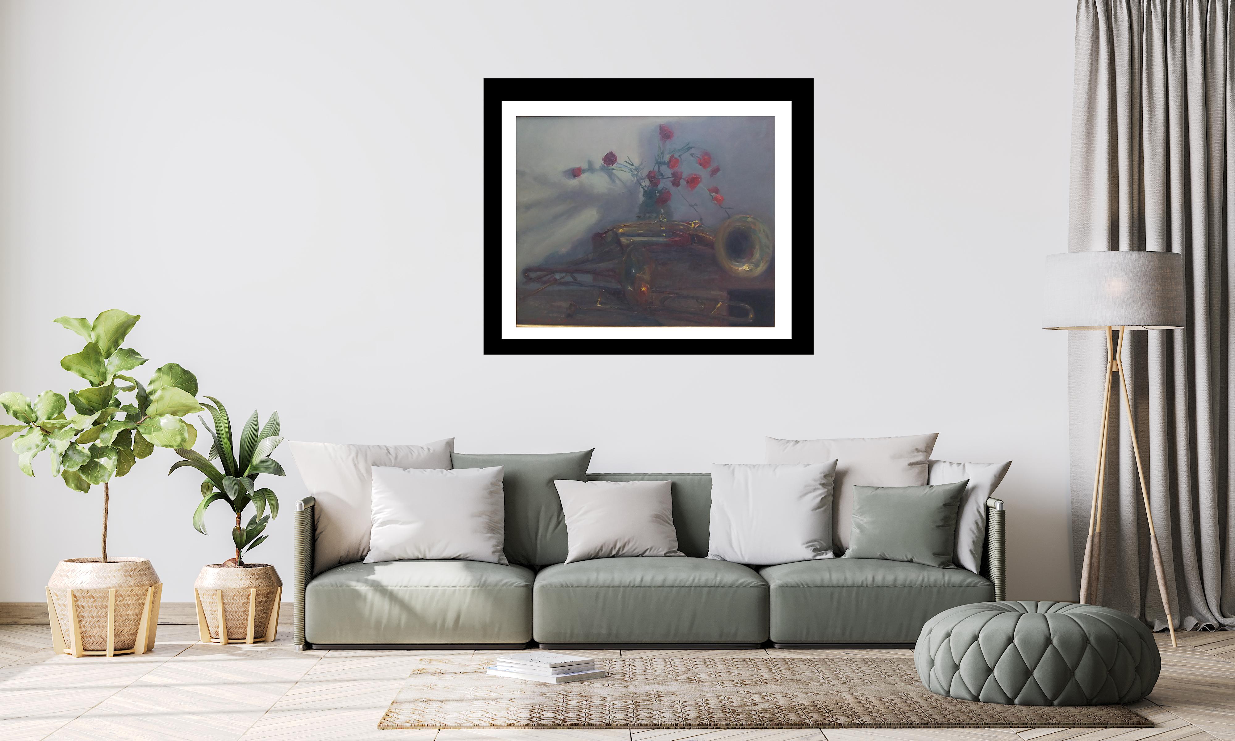 trumpets and carnations original impressionist acrylic painting. 
SOLÁ paints in a natural way, which reflects the Old Masters, soaking up the colour, air, smell and the pure scent of his environment. He delivers to his canvas the strange mix of