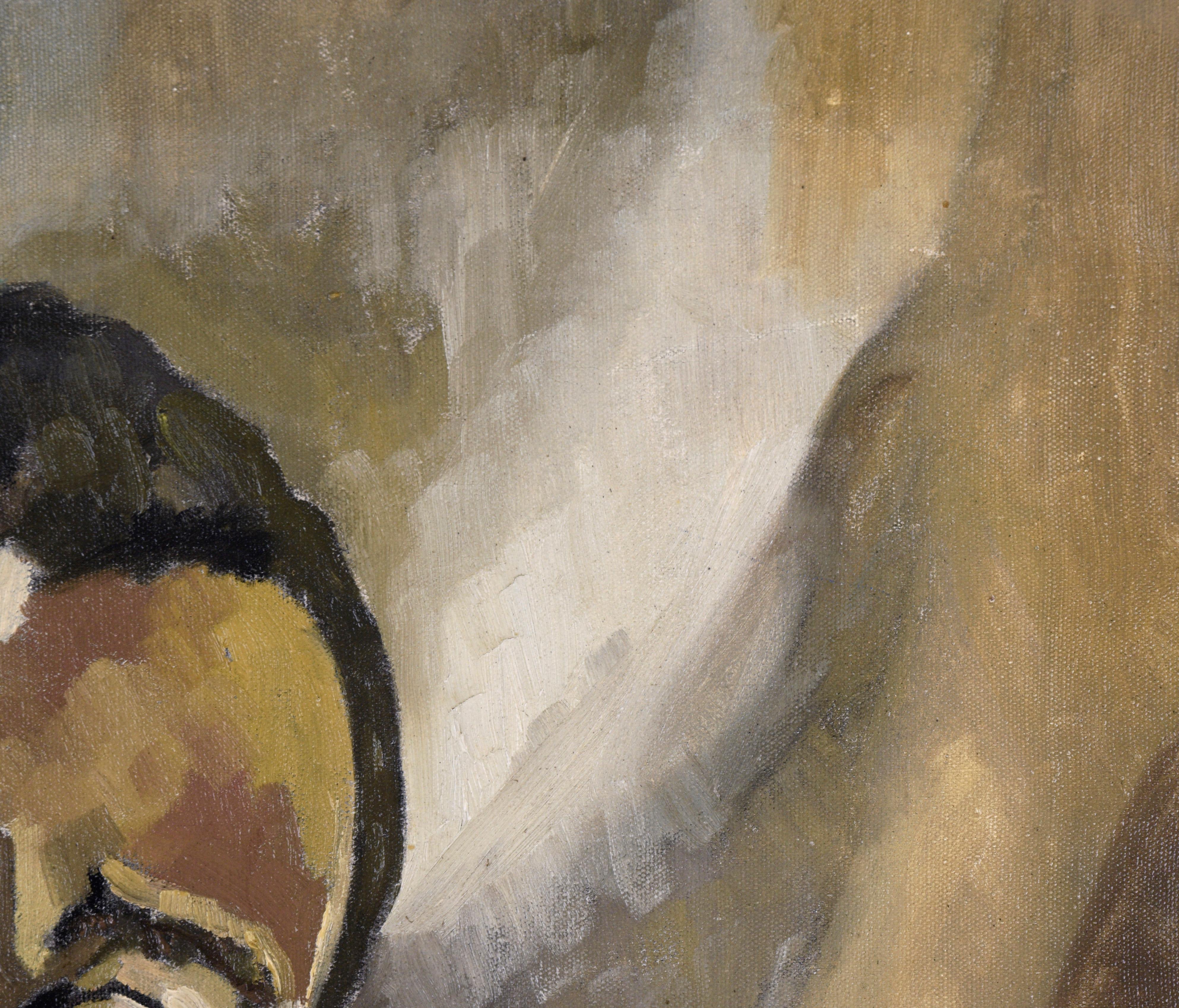 Uomo moderno di metà secolo - Ritratto a olio su tela - Painting di Joan Tidwell