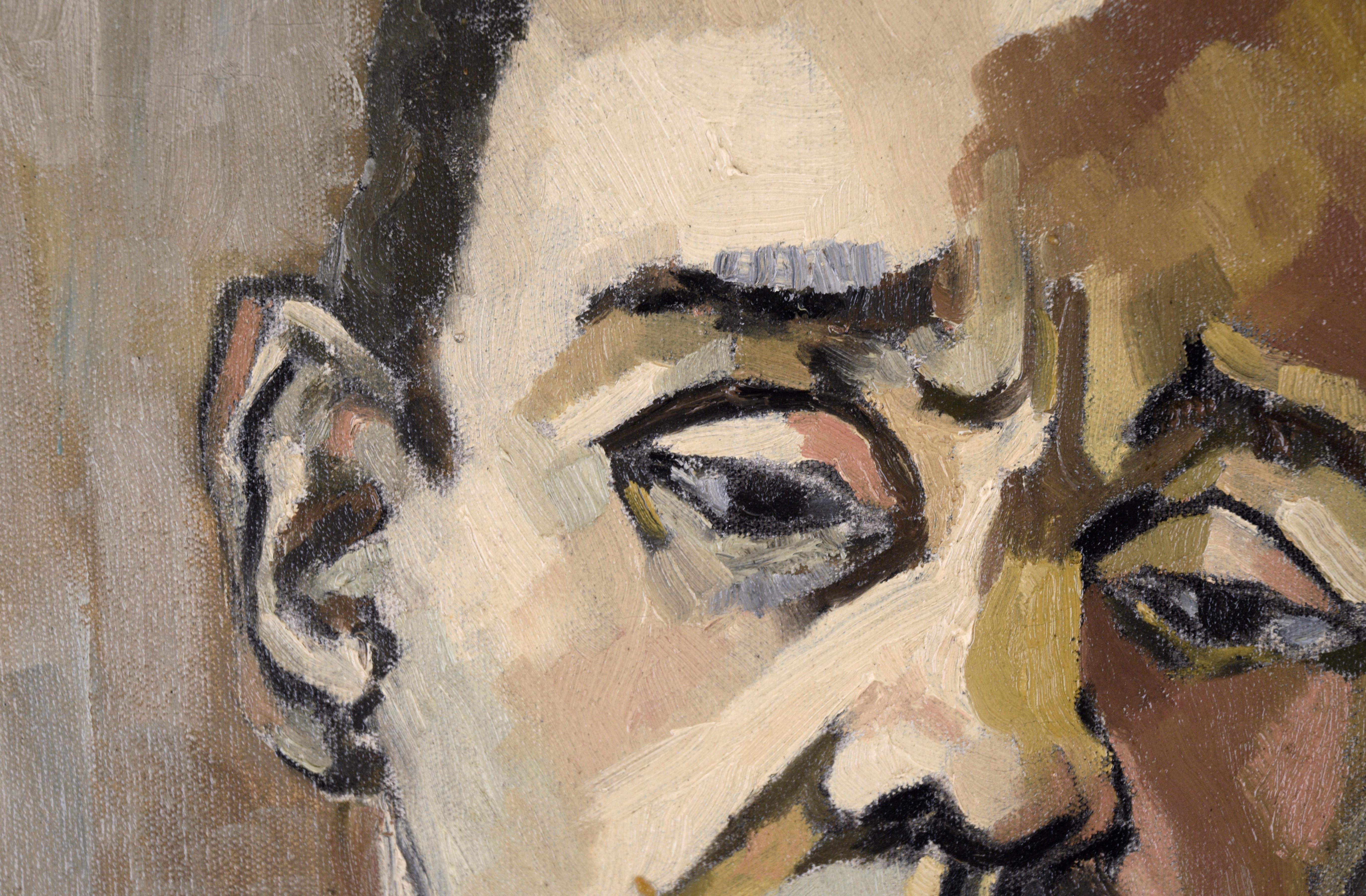 Moderner Mann aus der Mitte des Jahrhunderts – Porträt in Öl auf Leinwand (Braun), Portrait Painting, von Joan Tidwell