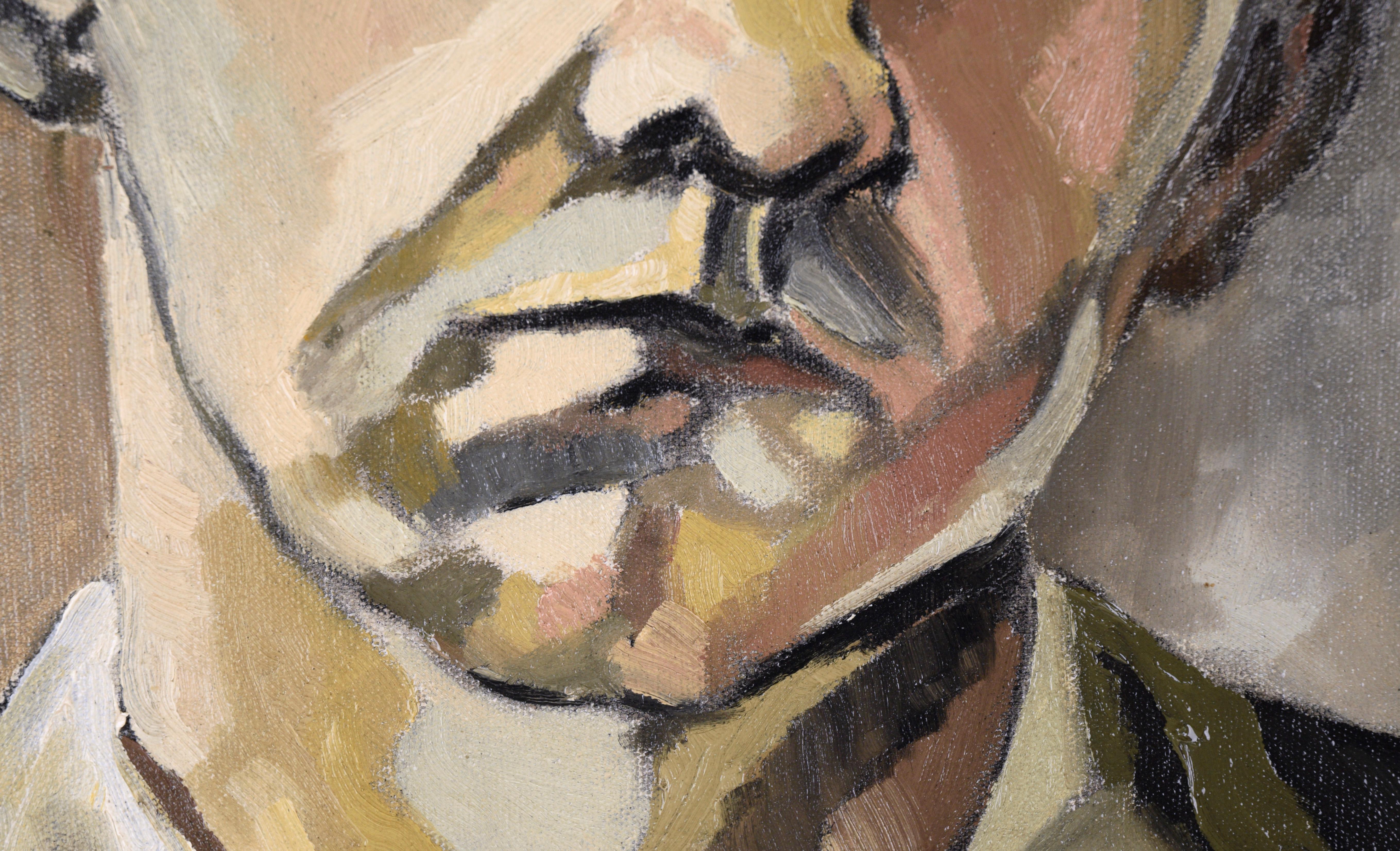 Ritratto sottile e lunatico di un uomo pensieroso di Joan Tidwell (americano, 1930-2002). Il ritrattato è un uomo di mezza età che guarda leggermente verso il basso e indossa una camicia con il colletto. Questo pezzo è completato da una tavolozza di