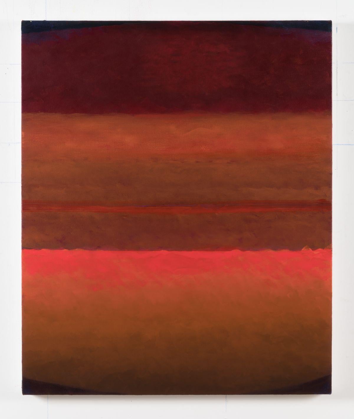 Joan Vennum Abstract Painting – Rechteckiges abstraktes Ölgemälde auf Leinwand mit leuchtendem Korallenrot