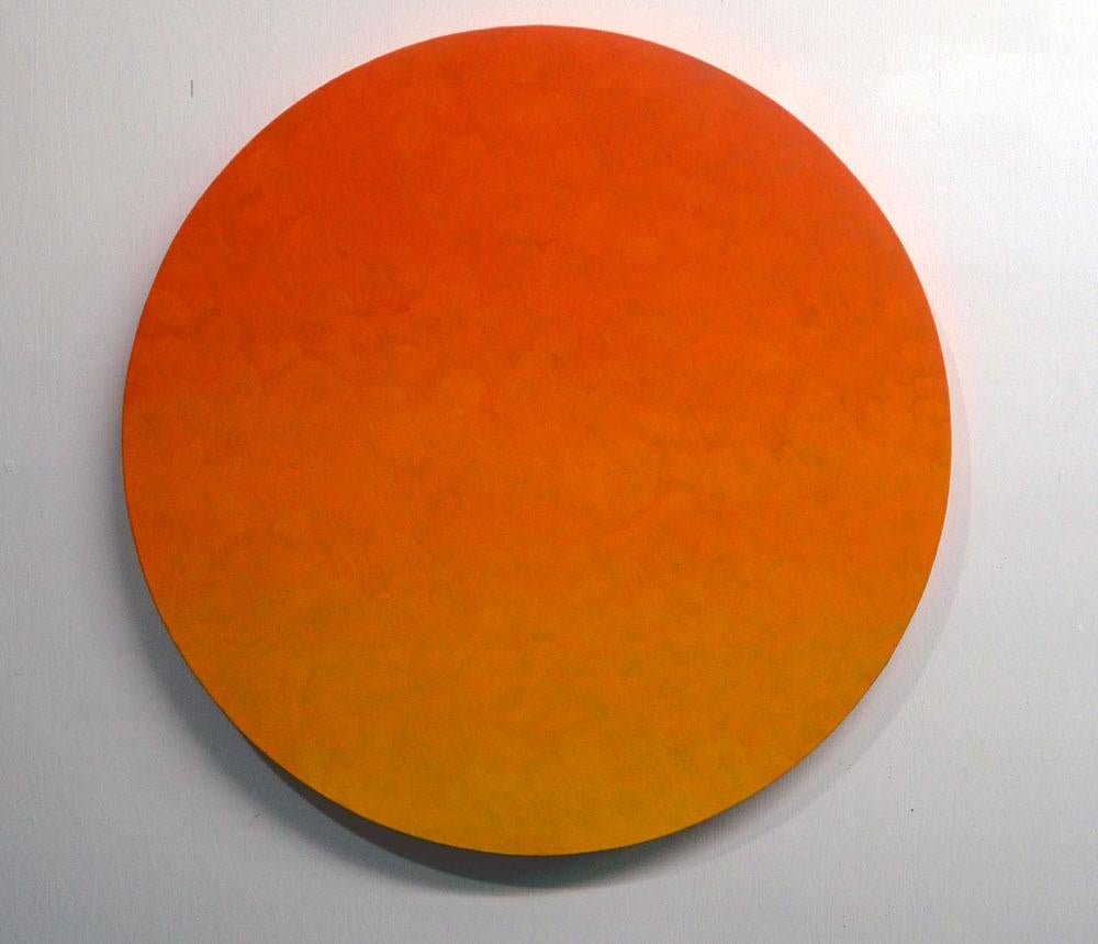 Joan Vennum Abstract Painting - Bright saffron yellow and vermilion red circular oil painting on canvas 