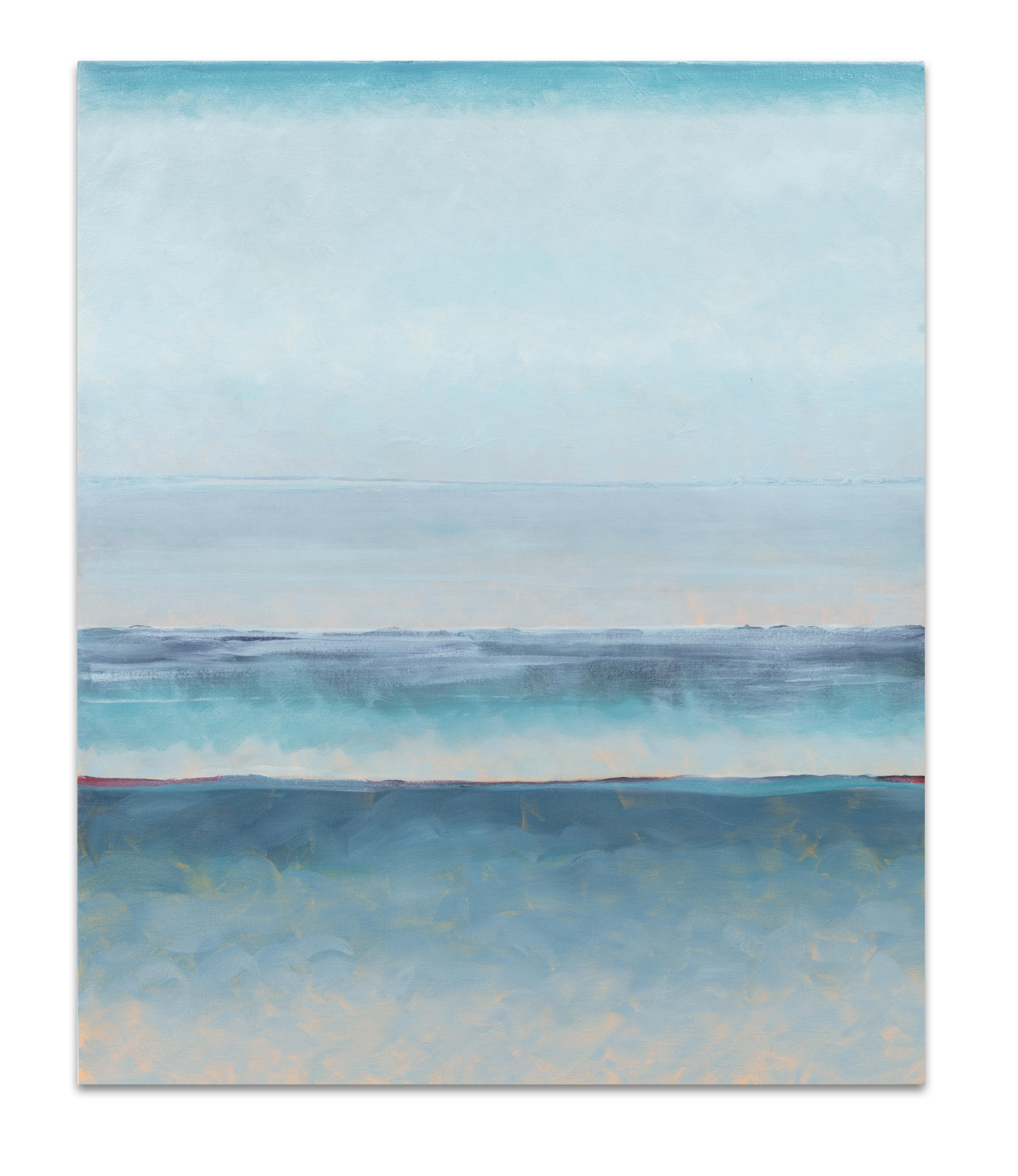 Joan Vennum Abstract Painting - Rectangular atmospheric abstract sea blue oil painting on canvas