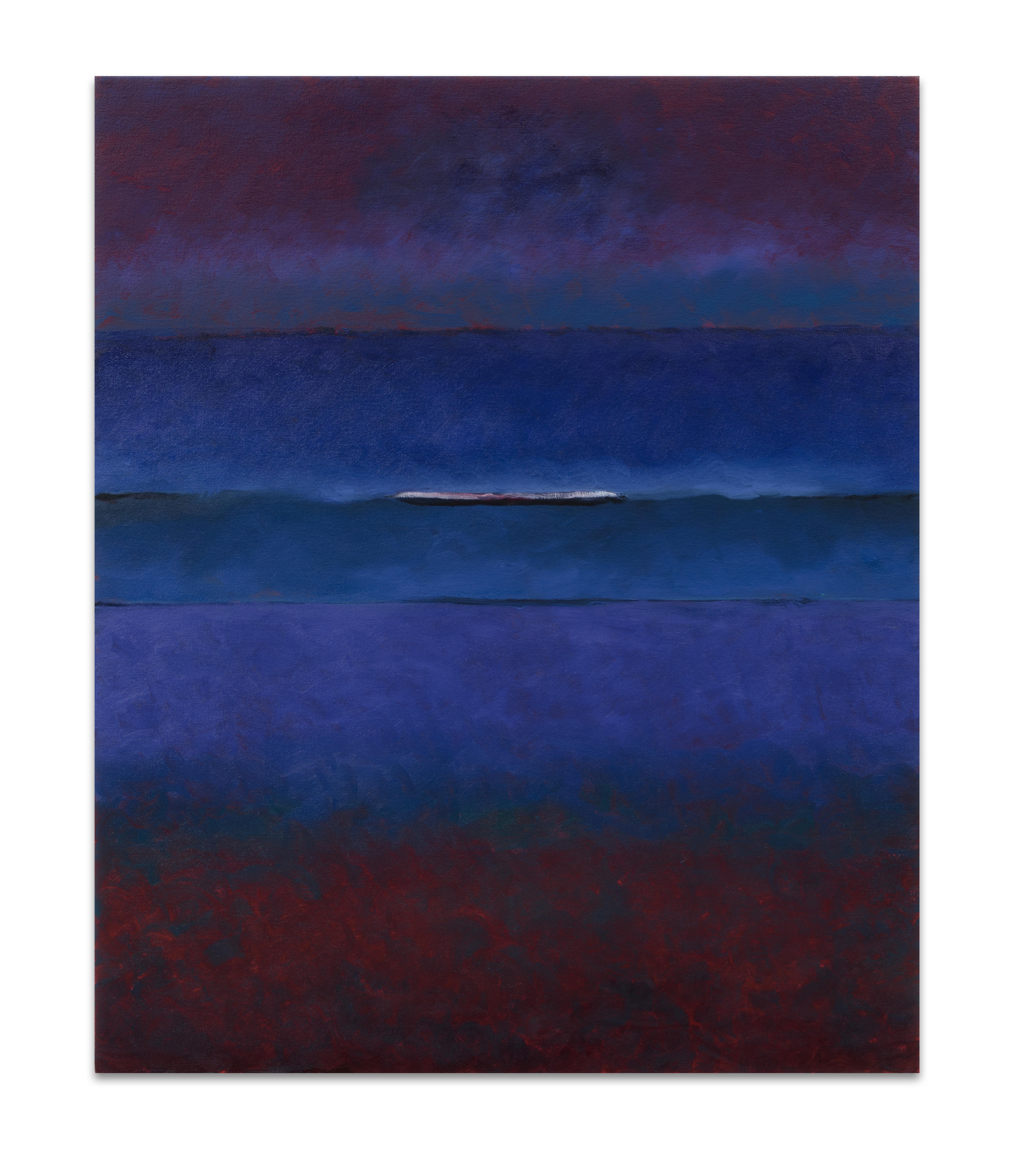 Joan Vennum Abstract Painting - Rectangular atmospheric deep blue oil painting of the night sky