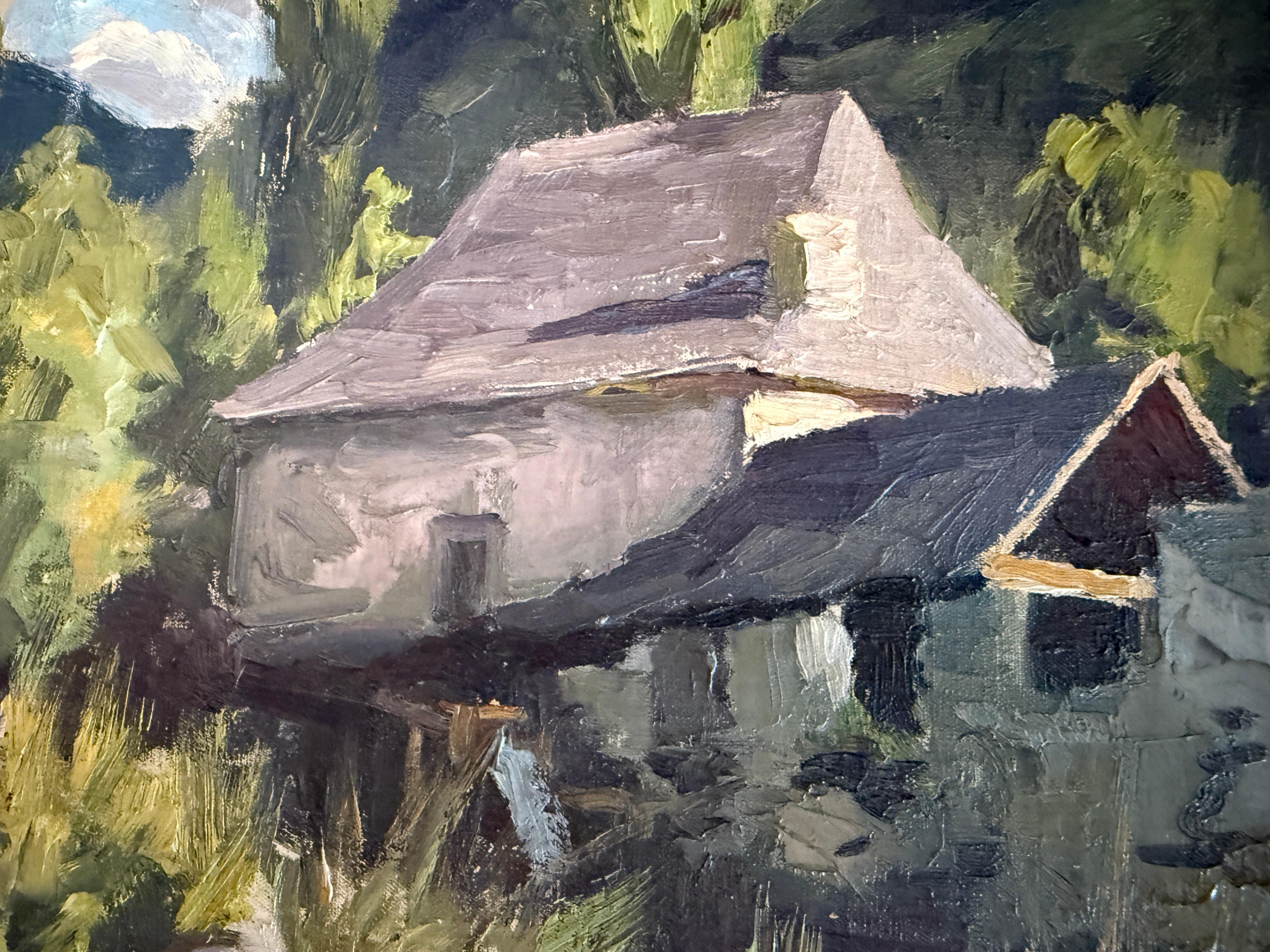 Maison en pierre à Salardú peinture à l'huile paysage espagnol Espagne - Gris Landscape Painting par Joan Vila Puig