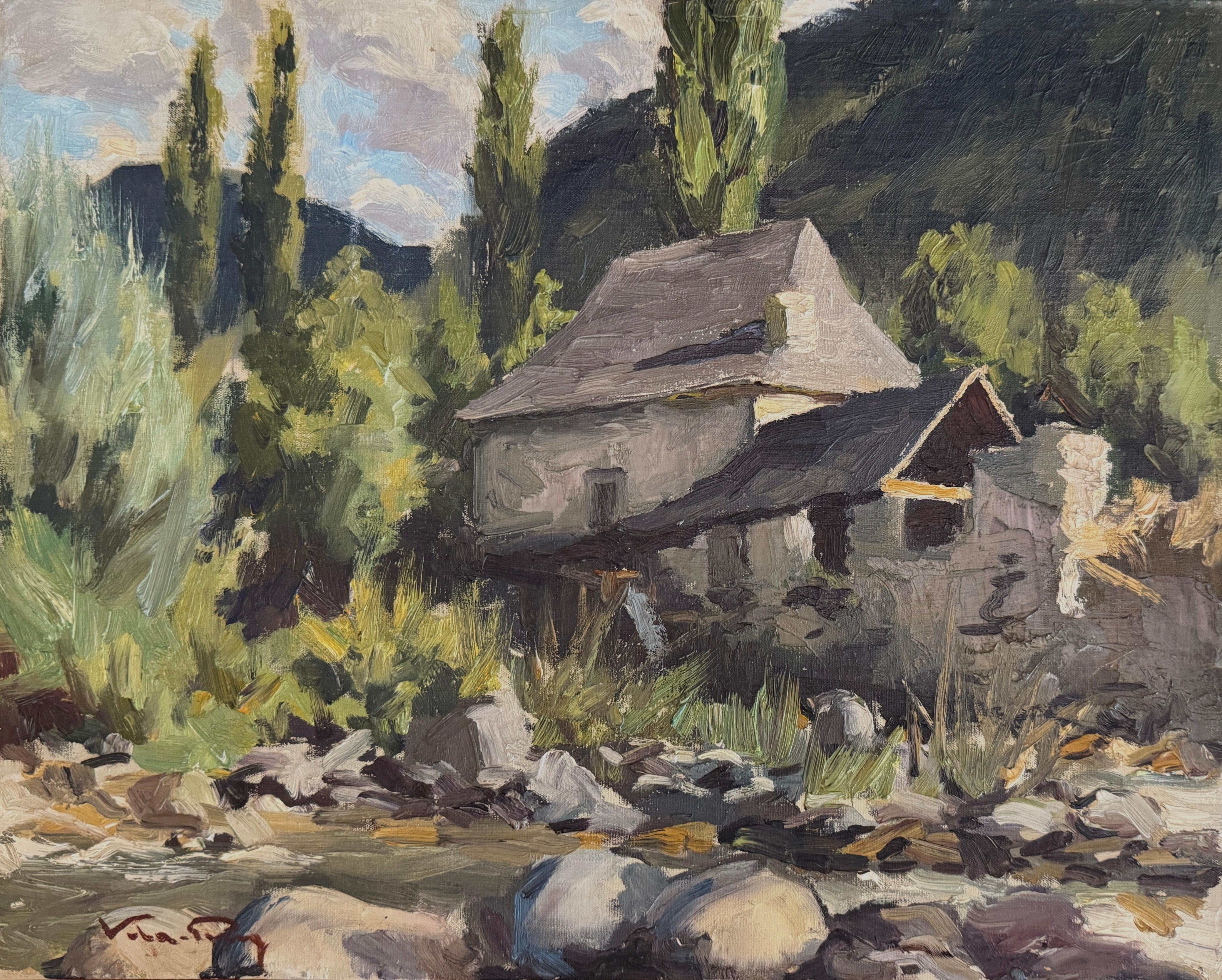 Landscape Painting Joan Vila Puig - Maison en pierre à Salardú peinture à l'huile paysage espagnol Espagne
