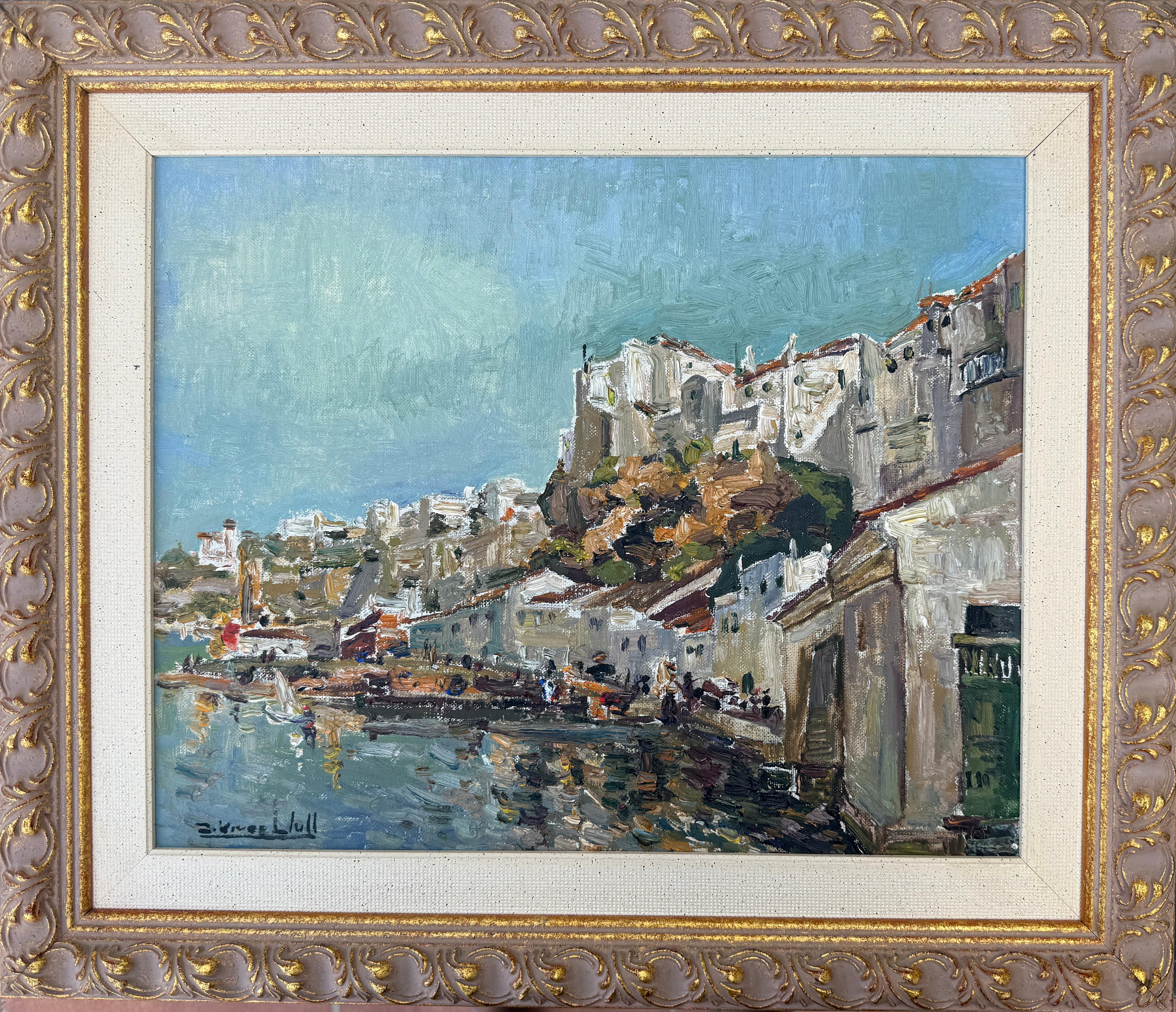 Hafen von Mahón Mallorca Spanien Öl auf Karton Gemälde Seestück – Painting von Joan Vives Llull