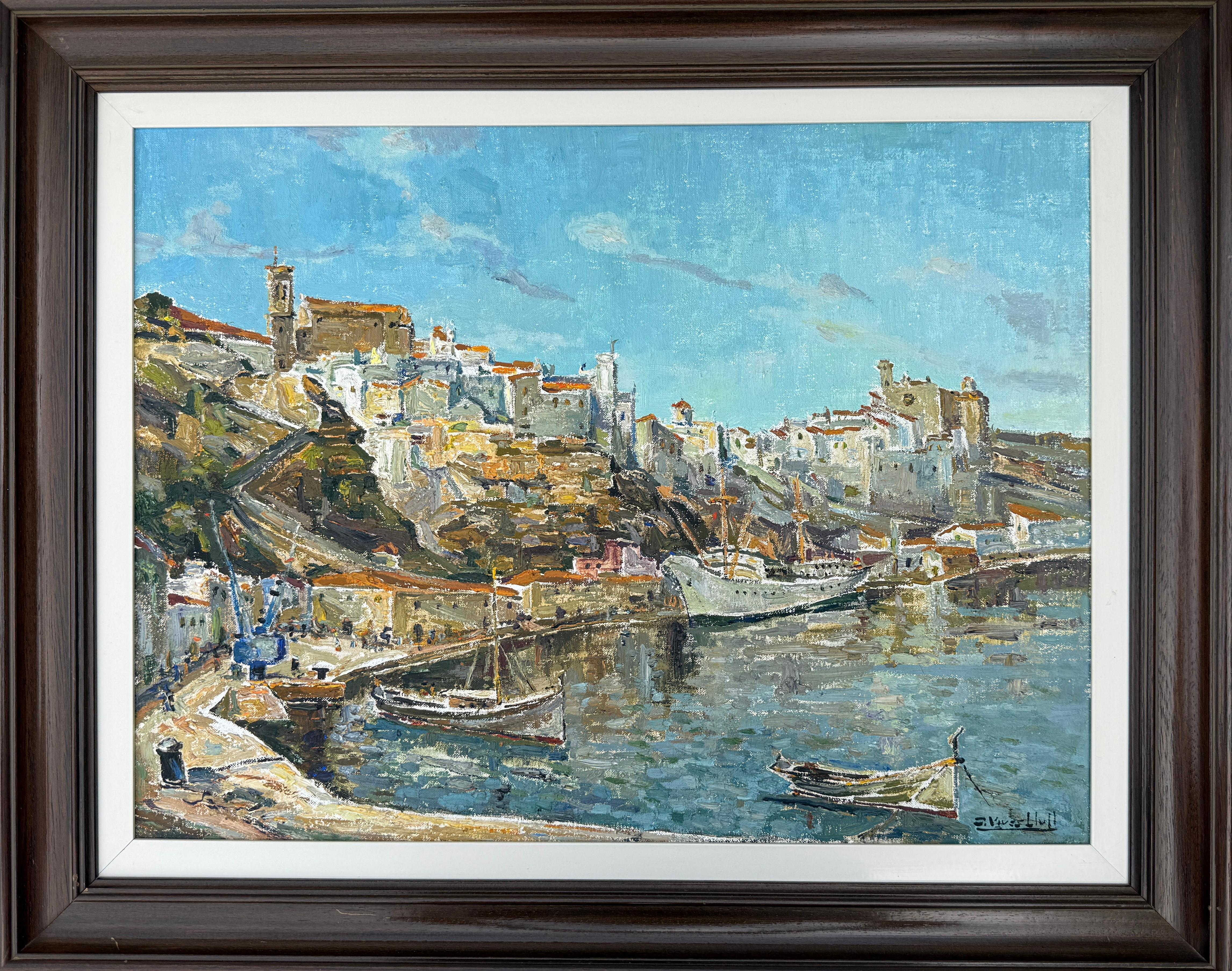 Puerto de Mahón Menorca España óleo sobre lienzo pintura paisaje marino mediterráneo - Painting de Joan Vives Llull