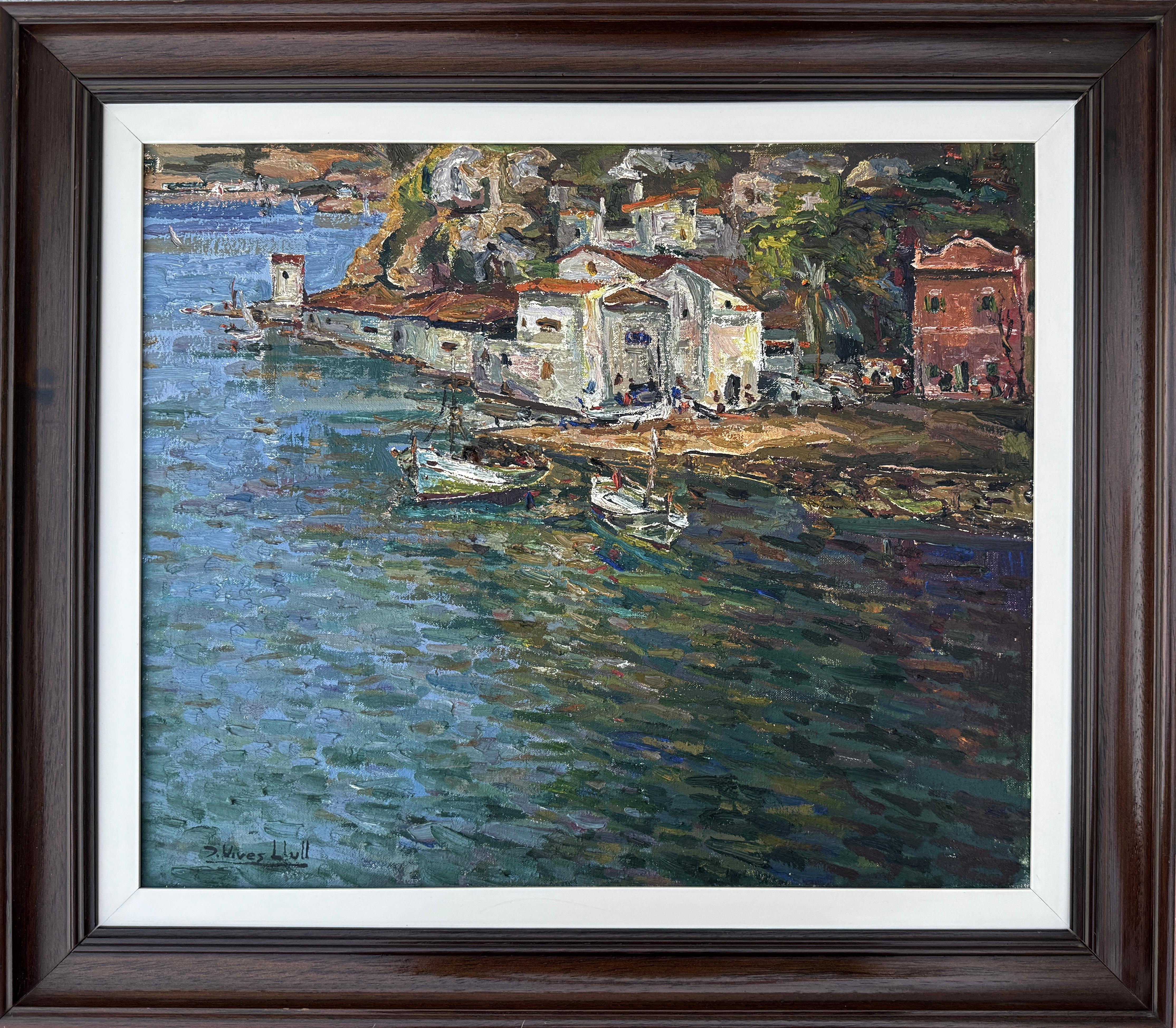 Puerto de Mahón Menorca España óleo sobre lienzo pintura paisaje marino mediterráneo - Painting de Joan Vives Llull