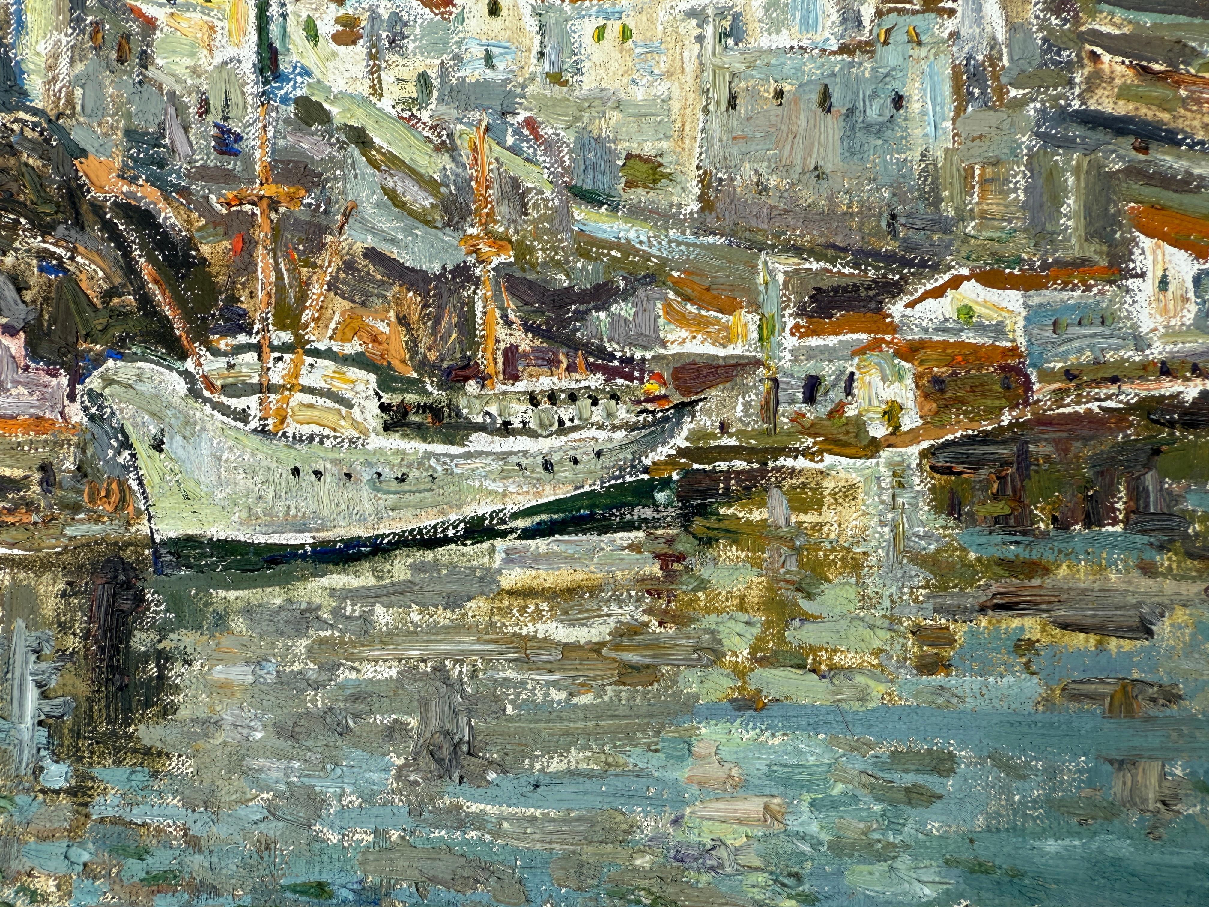 Puerto de Mahón Menorca España óleo sobre lienzo pintura paisaje marino mediterráneo - Landscape Painting Azul de Joan Vives Llull
