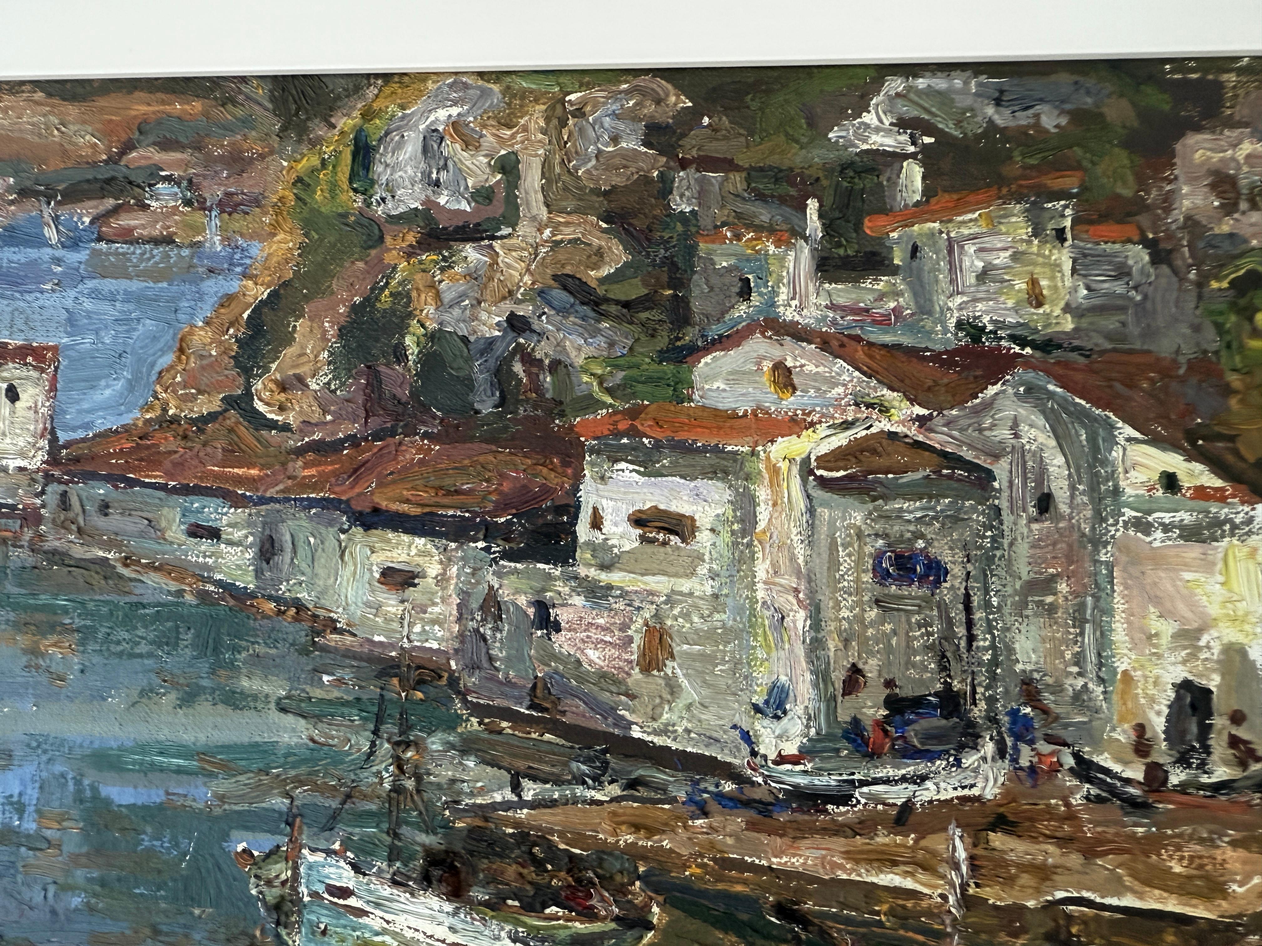 Puerto de Mahón Menorca España óleo sobre lienzo pintura paisaje marino mediterráneo en venta 1