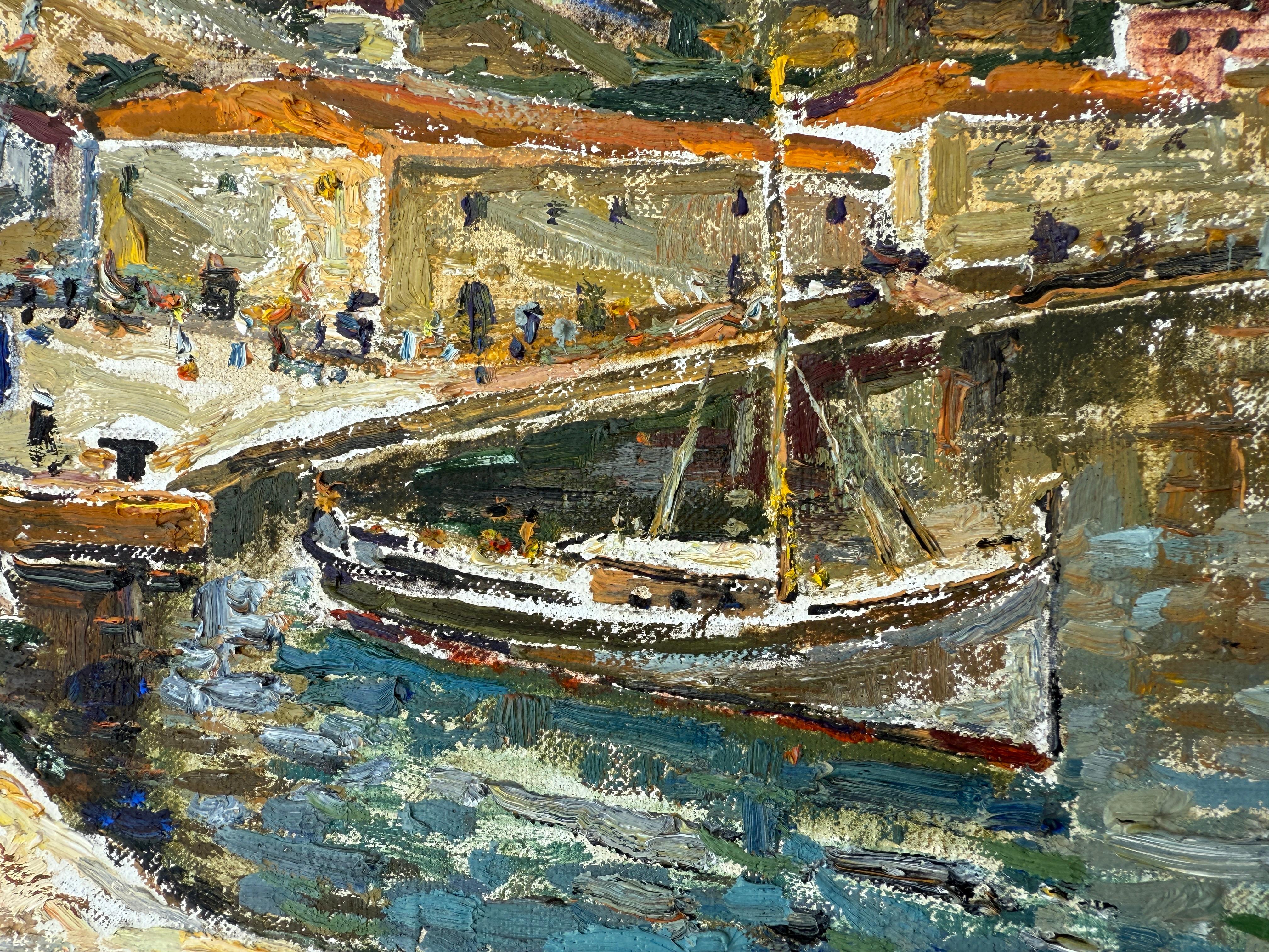 Puerto de Mahón Menorca España óleo sobre lienzo pintura paisaje marino mediterráneo en venta 2