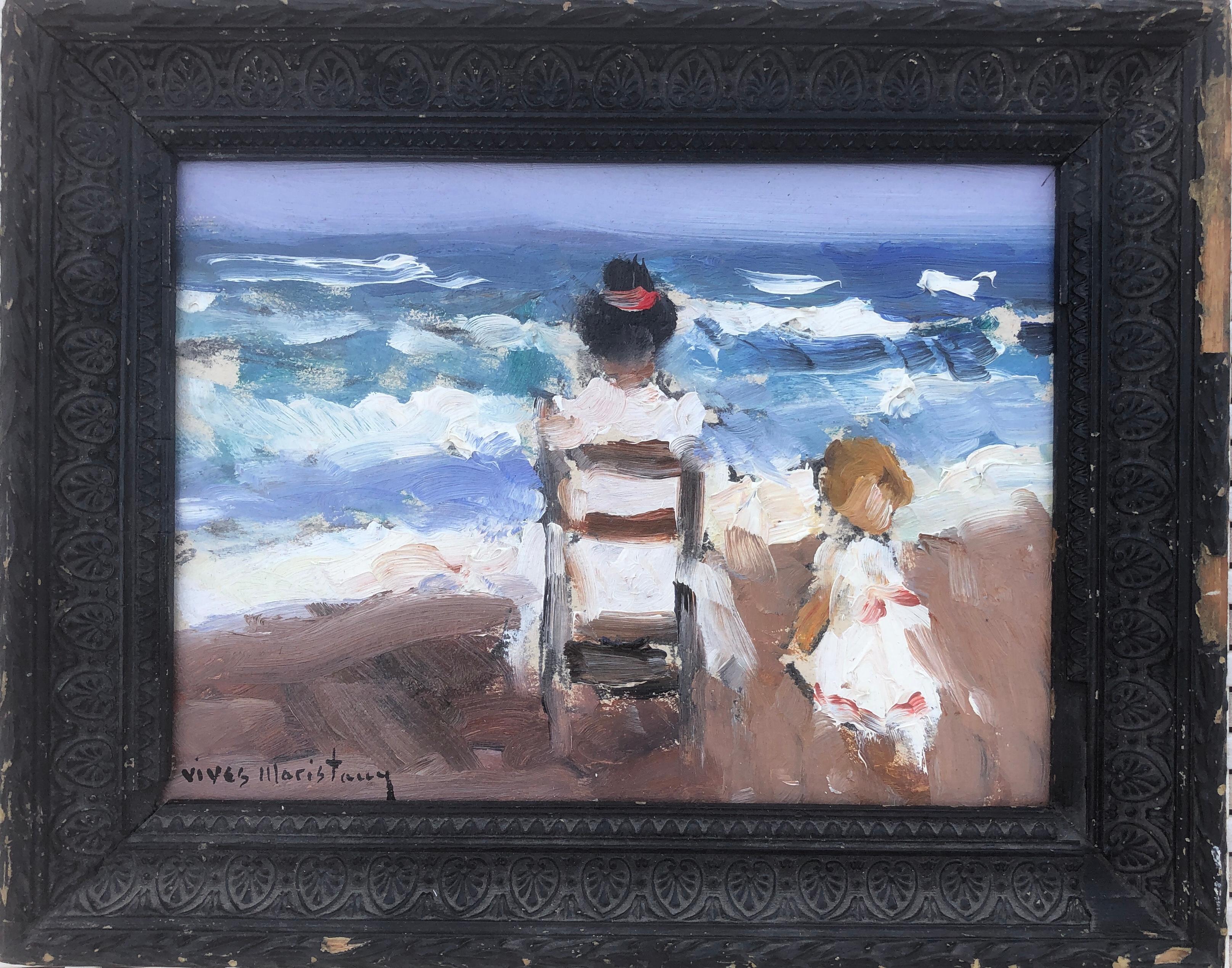 beach day oil on cardboard painting impressionism Spain spanish seascape - Painting by Joan Vives Maristany