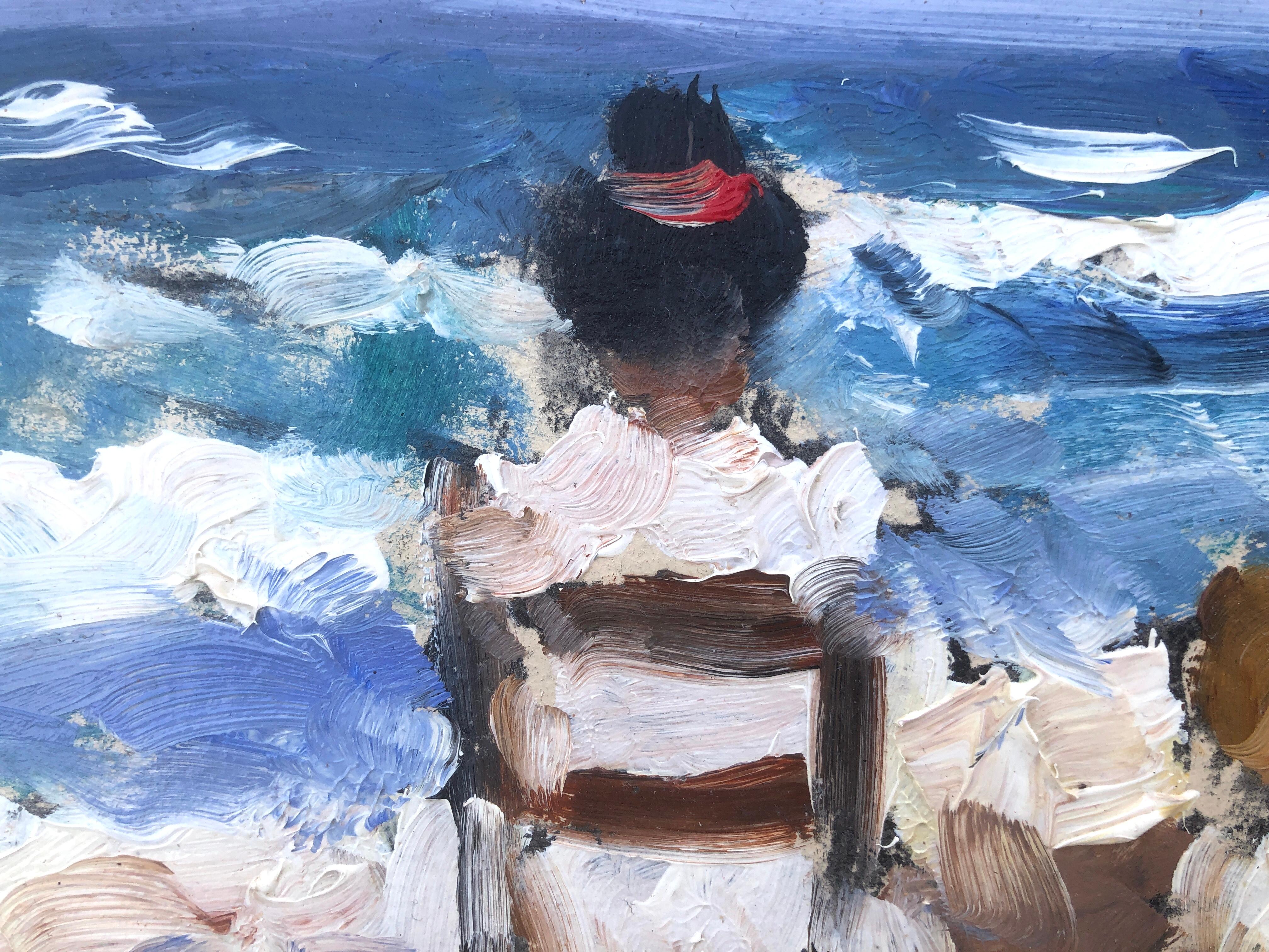beach day oil on cardboard painting impressionism Spain spanish seascape - Impressionist Painting by Joan Vives Maristany