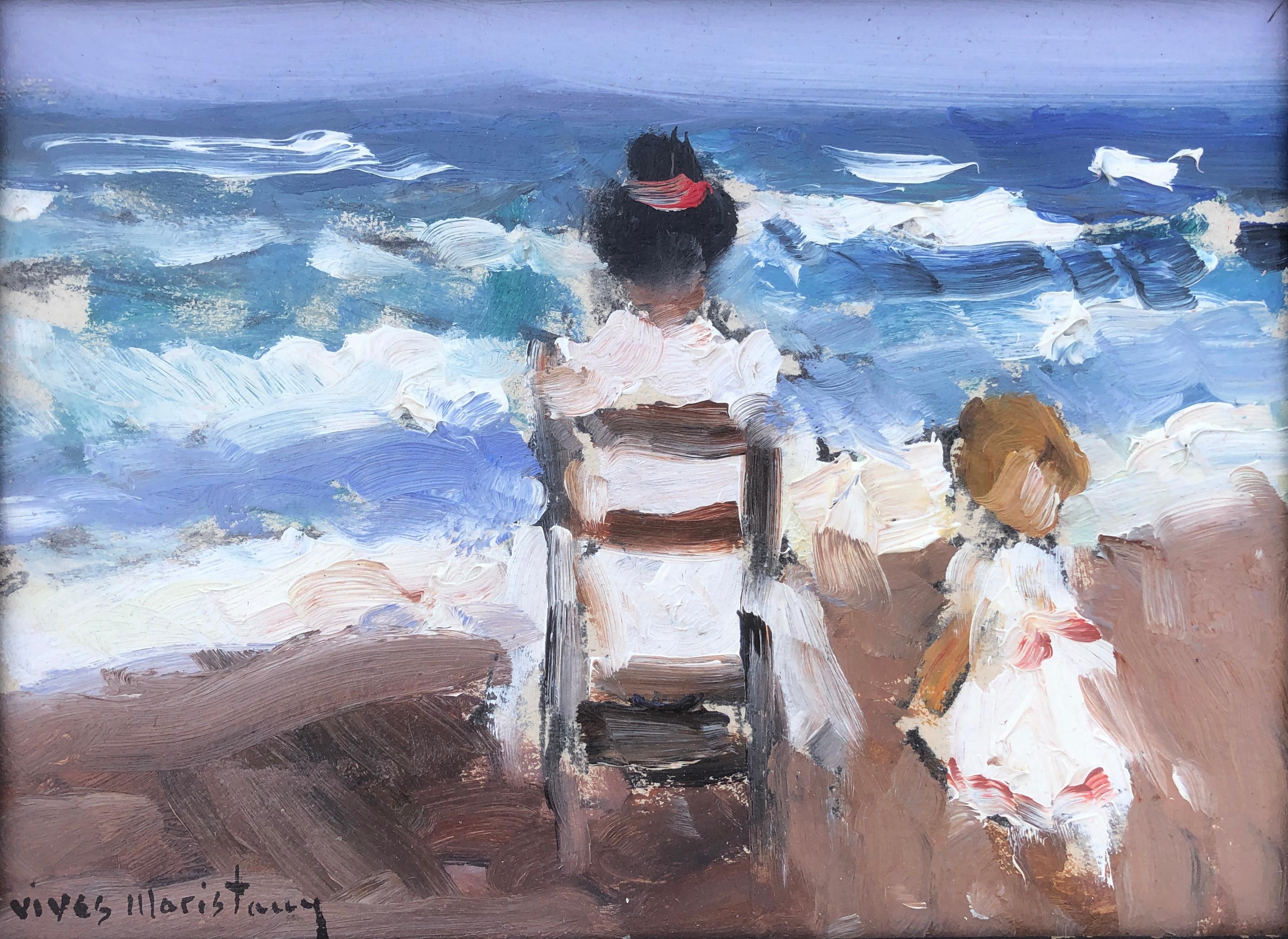 Joan Vives Maristany Landscape Painting -  beach day oil on cardboard painting impressionism Spain spanish seascape