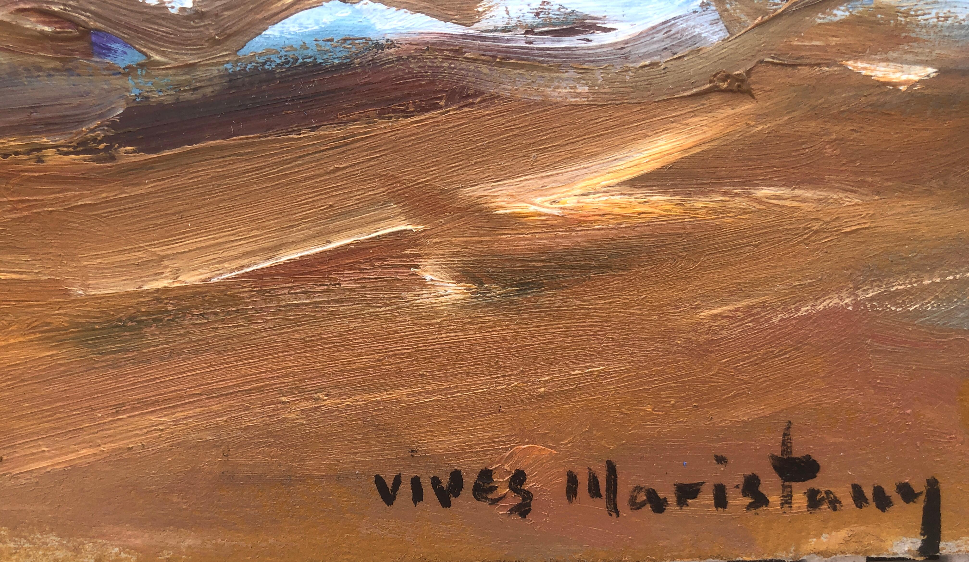 Día de playa óleo sobre cartón pintura impresionista paisaje marino España - Painting de Joan Vives Maristany