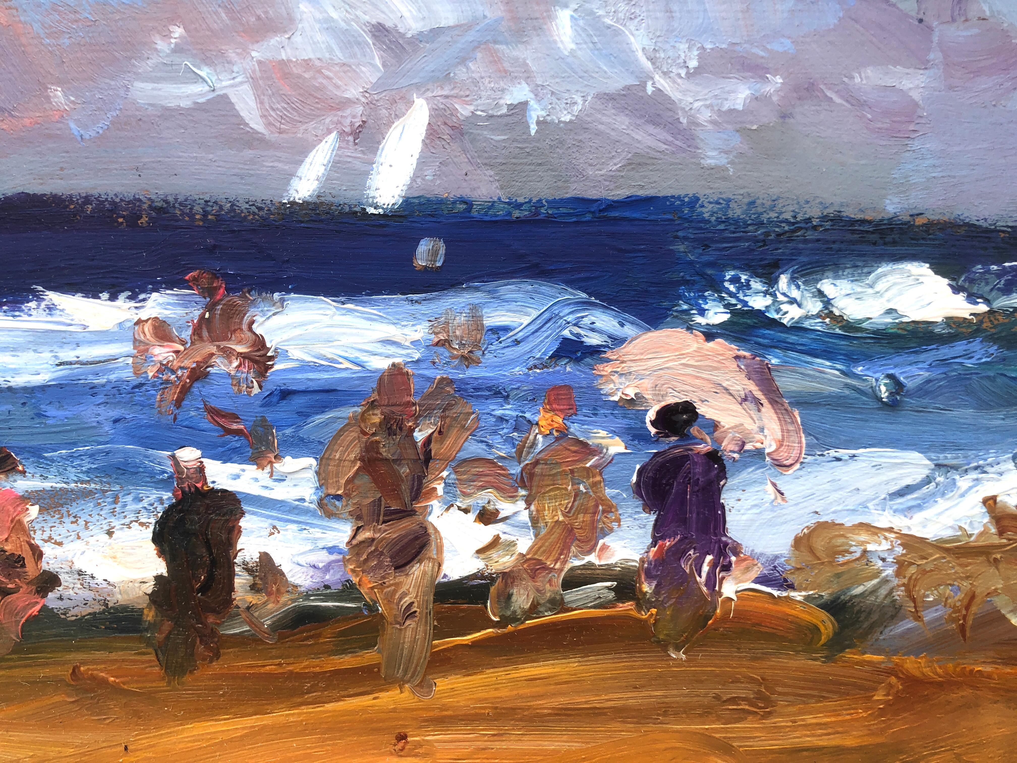 Día de playa óleo sobre cartón pintura impresionista paisaje marino España - Painting Impresionista de Joan Vives Maristany